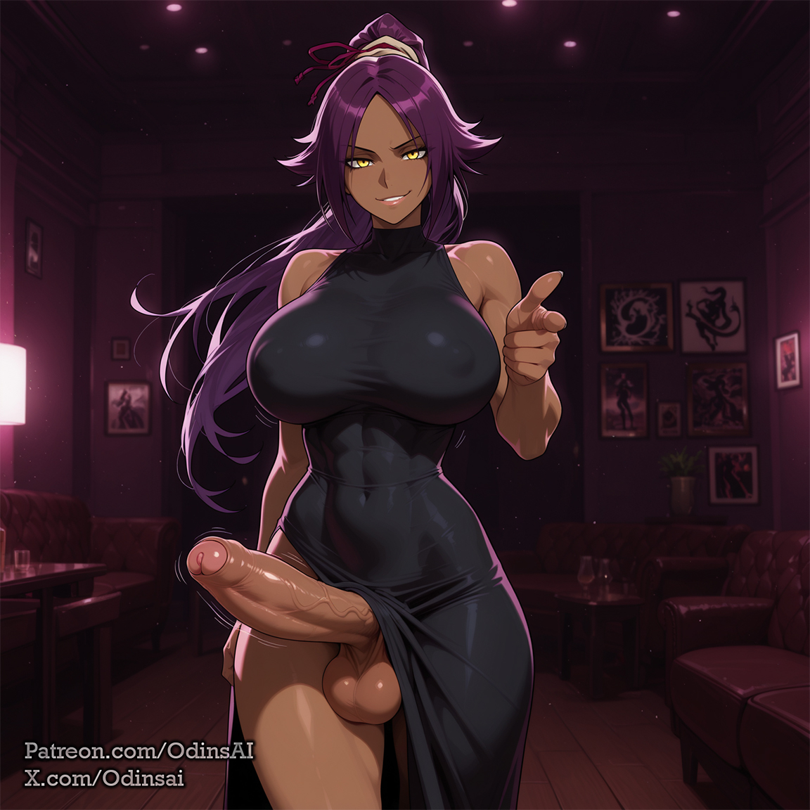 1futa, abs, ai generated, balls, big balls, big breasts, bleach, breasts, curvy, dickgirl, futa only, futa sans pussy, futanari, intersex, looking at viewer, nipples, nude, odinsai, penis, perfect body, ready to fuck, shihouin yoruichi, small waist, smile, solo, tan skin, testicles