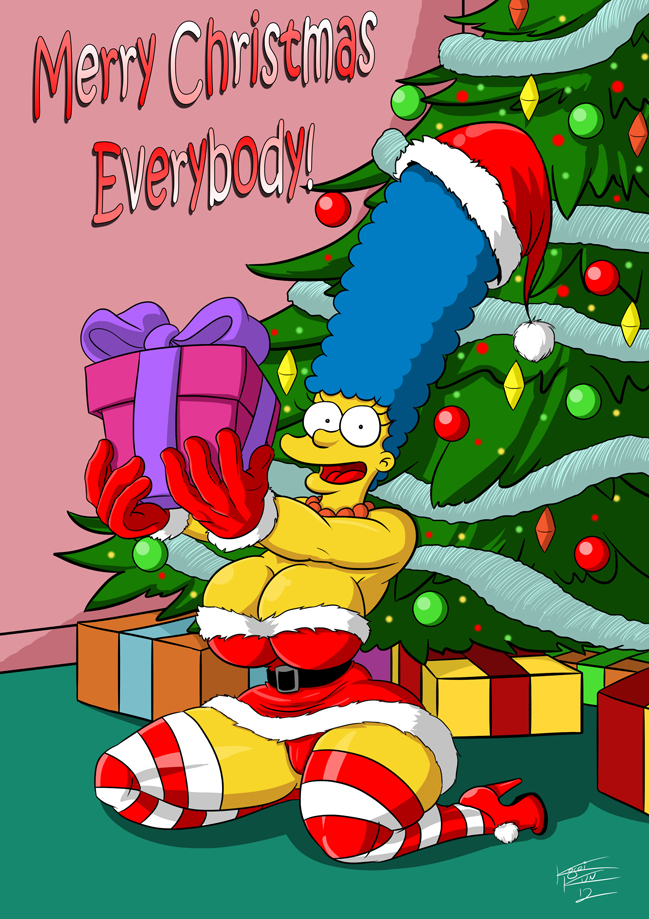 ass, belt, big breasts, black belt, blue hair, breasts, christmas, christmas tree, clothes, dress, female, female only, footwear, gift, gloves, hair, happy, hat, hips, kogeikun, looking at viewer, marge simpson, merry christmas, red, red dress, red gloves, red hat, red shoes, red socks, red stockings, shoes, socks, stockings, the simpsons, tree, wide hips