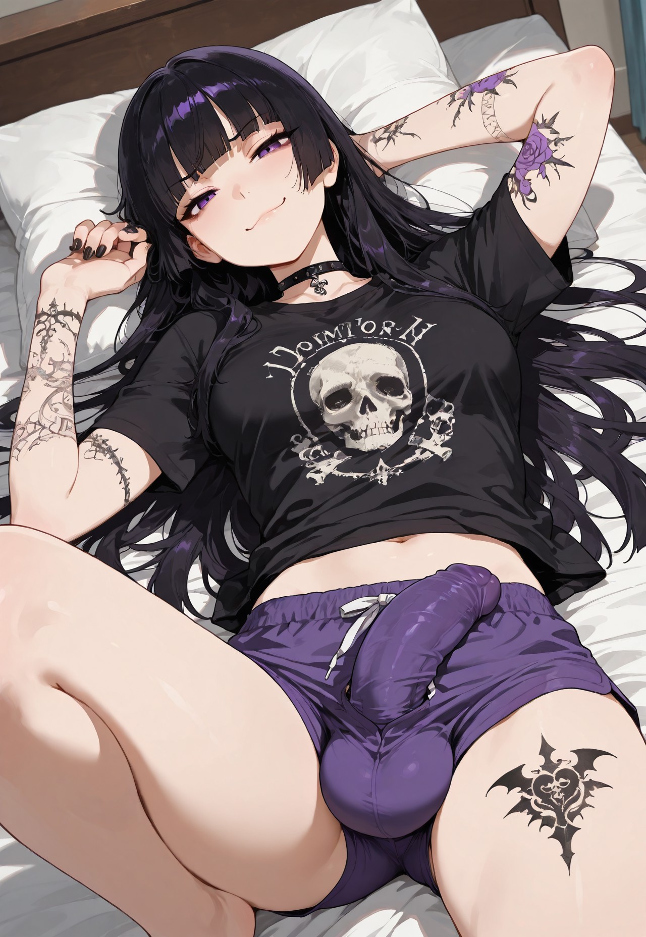 1futa, ai generated, balls, big penis, black hair, boxers, breasts, erection, erection under clothes, female, from above, futa only, futanari, goth, goth futa, goth girl (jamesbron), hime cut, intersex, jamesbron, large penis, long hair, looking at viewer, lying, medium breasts, navel, on back, on bed, penis, penis bulge, penis in shorts, purple eyes, solo, solo futa, t-shirt, tattoo, tattoos, thighs