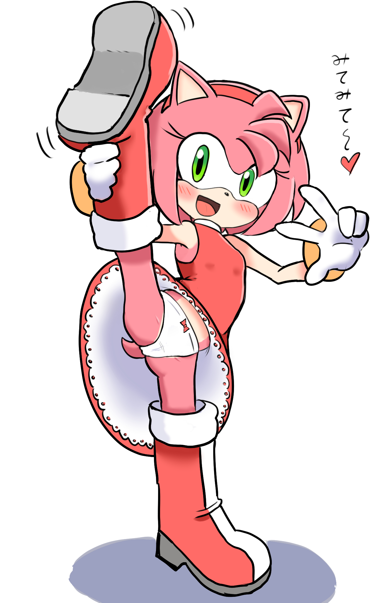 accessory, amy rose, anthro, blush, boots, bracelet, clothing, dress, eulipotyphlan, female, flexible, footwear, gloves, green eyes, hair accessory, hairband, handwear, heart symbol, hedgehog, hi res, i pose, japanese text, jewelry, mammal, one leg up, p (artist), panties, pink body, raised leg, sega, shoes, smile, solo, sonic (series), sonic the hedgehog (series), splits, spread legs, spreading, standing, tail, text, underwear, vertical splits
