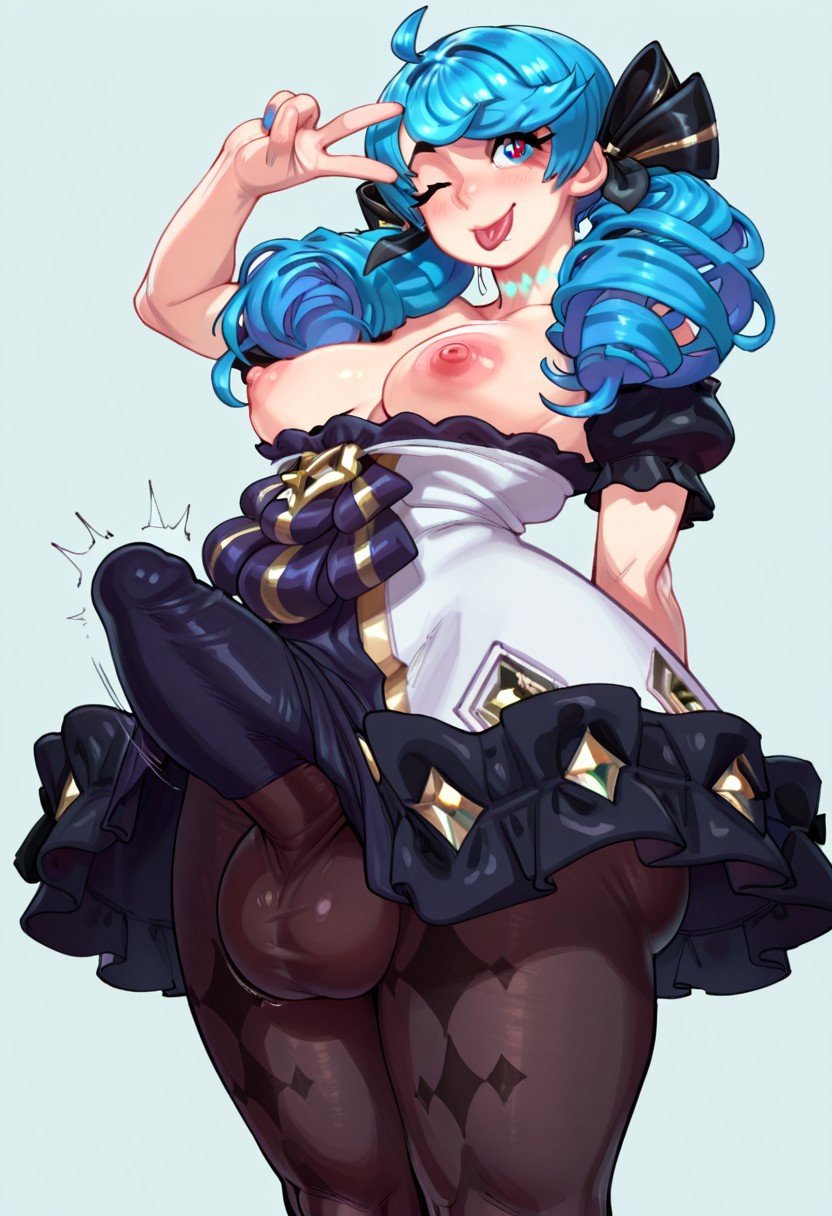 ai generated, big penis, breasts, futanari, gravure soraka, gwen (league of legends), intersex, league of legends, medium breasts, pantyhose, penis, penis under clothes, smile, tagme, tongue, wink, winking at viewer