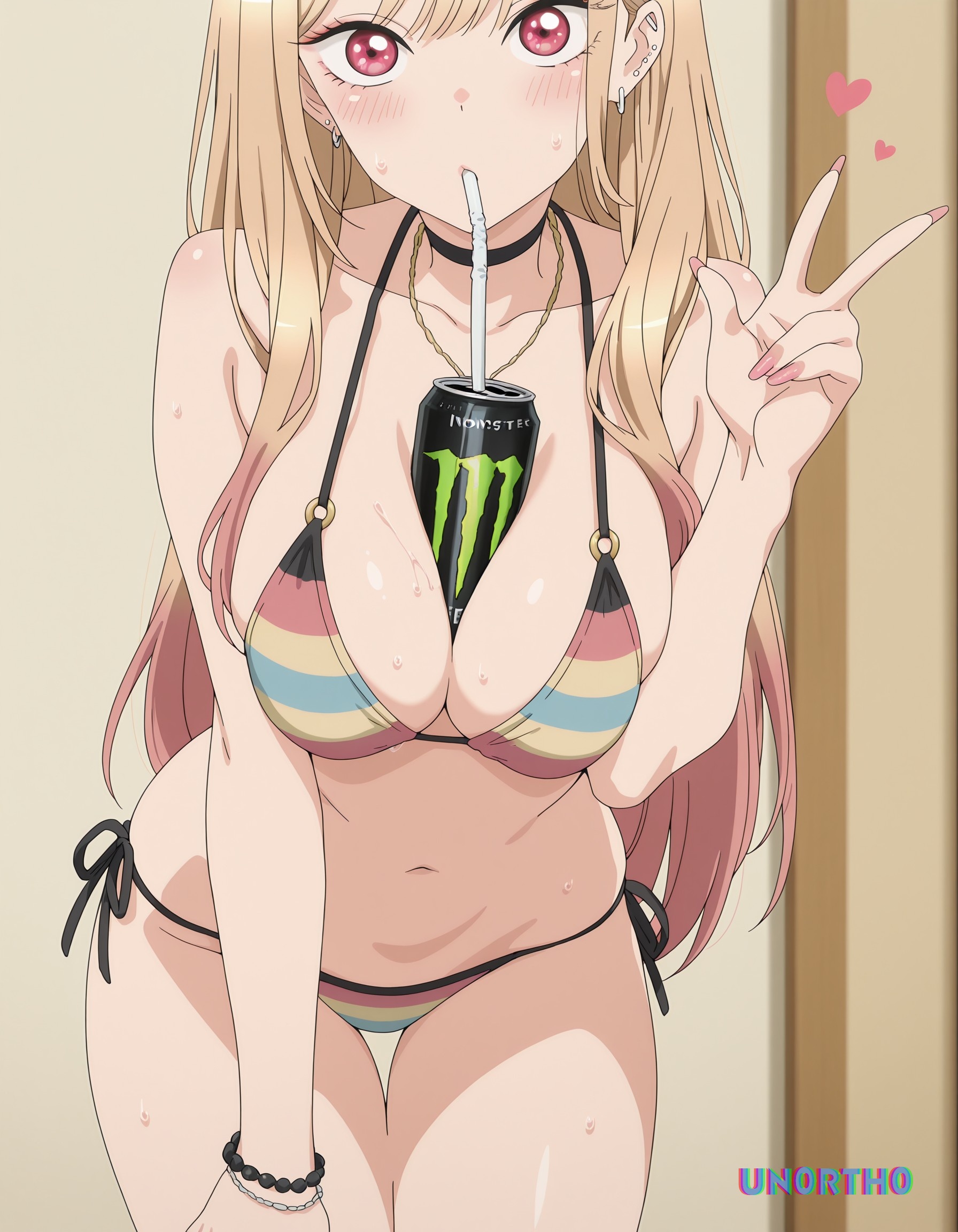 1girls, ai generated, bikini, blonde hair, blush, breasts, drink can, drink on breasts, drinking straw, energy drink, female, hearts around head, hi res, kitagawa marin, long hair, looking at viewer, monster, red eyes, sono bisque doll wa koi wo suru, un0rth0