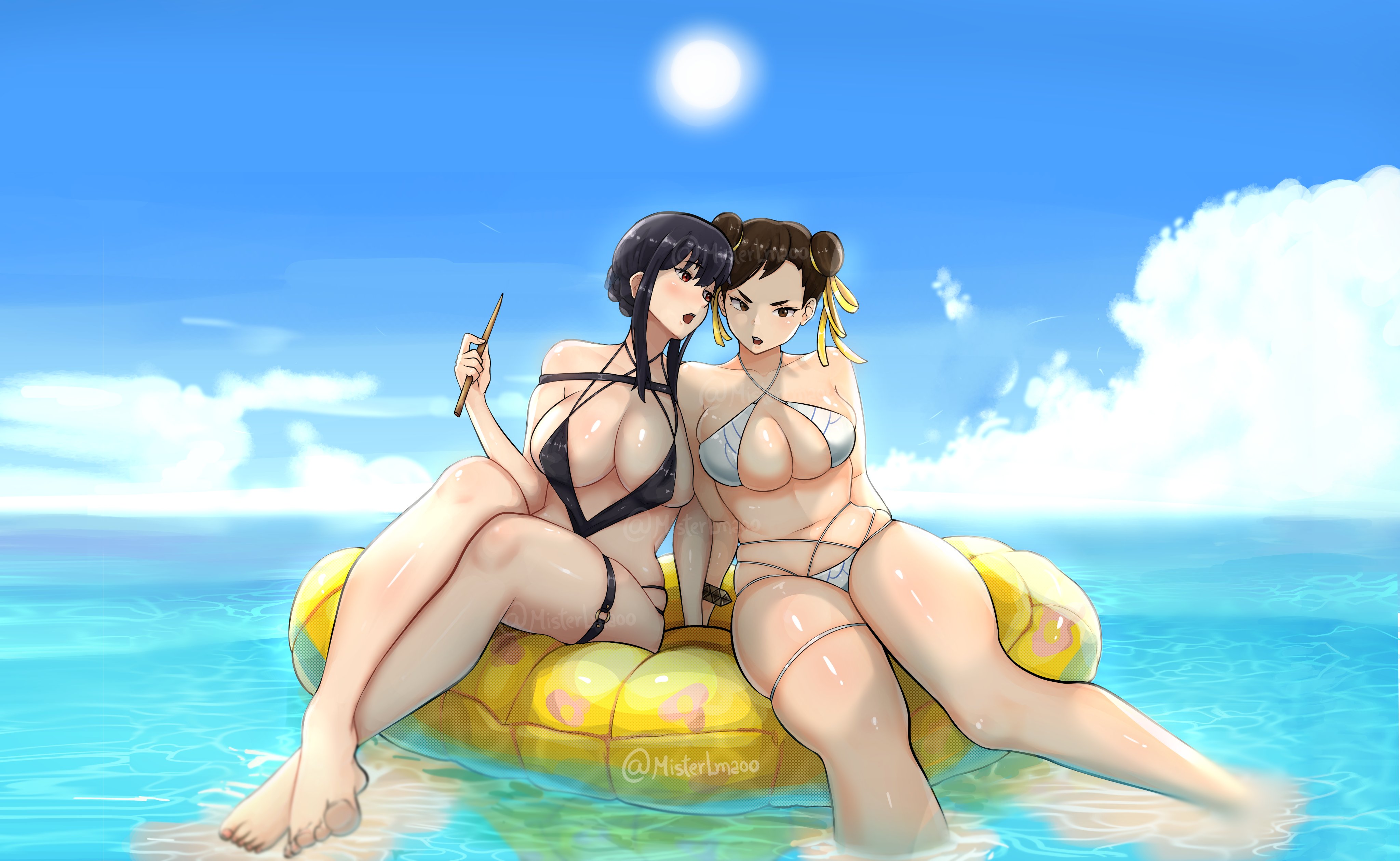 2girls, ass, assassin, big ass, big breasts, big butt, big nipples, big thighs, big titties, bikini, breasts, brown hair, chun-li, commission, curvaceous, curvaceous female, curvaceous figure, curvy, curvy figure, curvy hips, female, female focus, female human, female only, gold hairband, human, misterlmaoo, short hair, spy x family, street fighter, thorn princess, yor briar, yor forger
