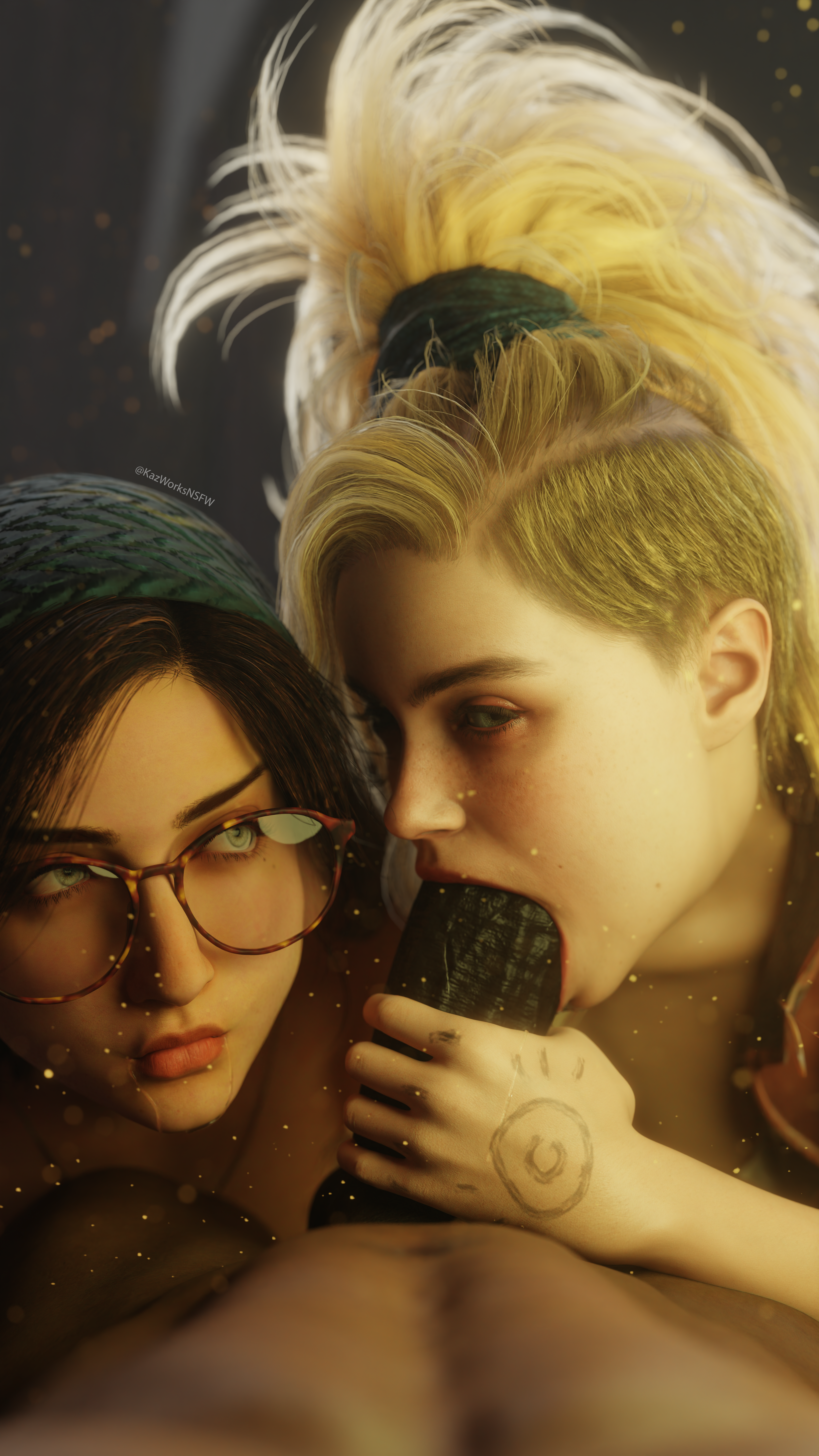 3d, 3d (artwork), 3d background, 3d model, 3d render, 8k, alma (monster hunter wilds), blowjob, blowjob face, capcom, cock, dark-skinned male, dick, double blowjob, fellatio, female, gemma (monster hunter wilds), hi res, highres, kazworksnsfw, male, monster hunter, monster hunter wilds, penis, pout, pouting, pouty lips, pov, pov eye contact, pov male, saliva, saliva trail, threesome