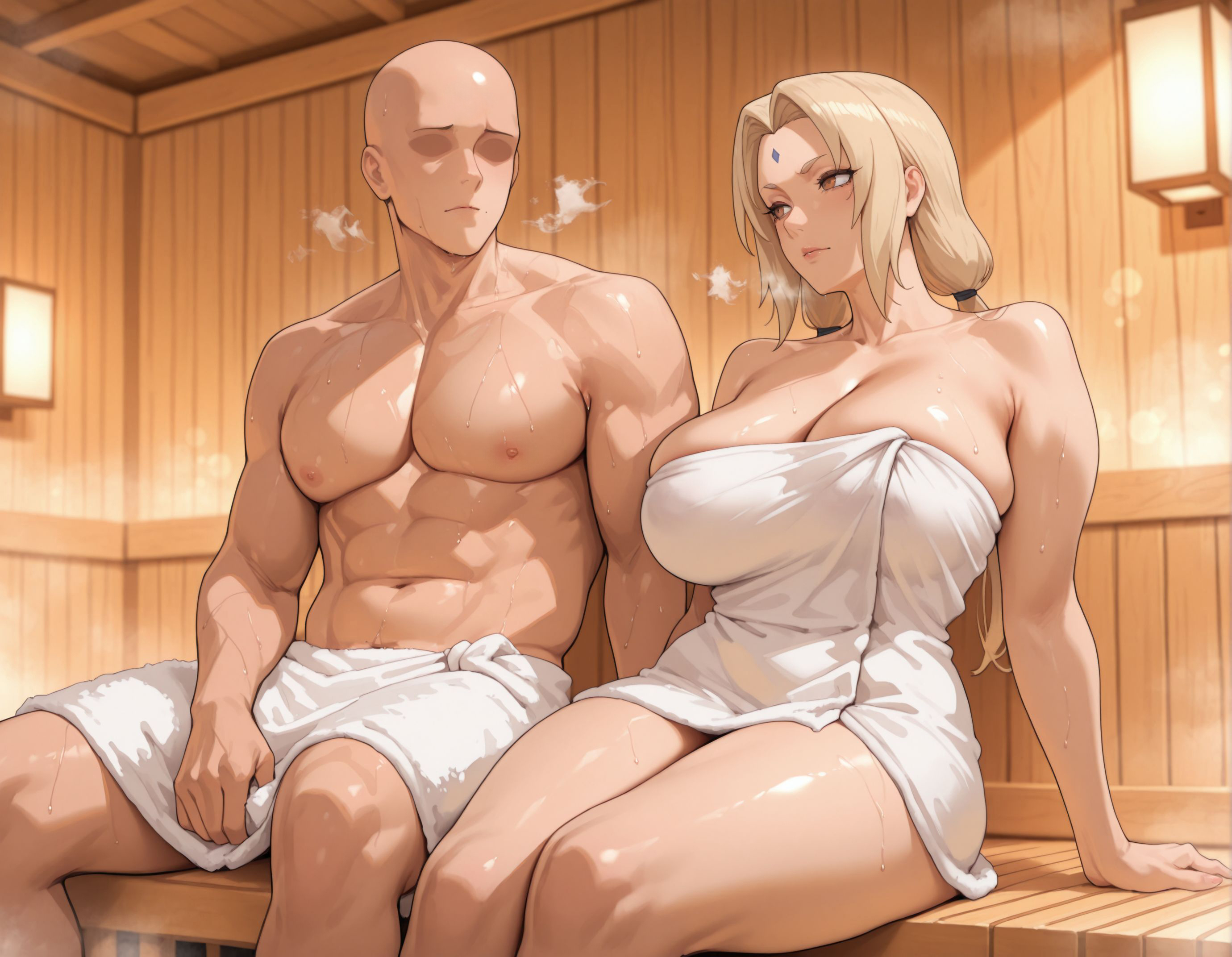 1boy, 1girls, abs, ai generated, alex-schura, arm support, bald, bangs, bare shoulders, bathing, blonde hair, blush, boruto: naruto next generations, breasts, brown eyes, clavicle, cleavage, closed mouth, collarbone, completely nude, curvaceous, curvaceous female, curvaceous figure, curvy, curvy figure, dark skin, faceless, faceless male, facial mark, female, female focus, forehead jewel, forehead mark, huge breasts, indoors, large breasts, long hair, low twintails, male, mature, mature female, muscles, muscular, muscular male, naked towel, naruto, naruto (series), naruto shippuden, navel, nipples, nude, onsen, sauna, shared bathing, sitting, smile, steam, steaming body, sweat, thick thighs, thighs, towel, tsunade, twintails, voluptuous, voluptuous female, wet, wooden wall