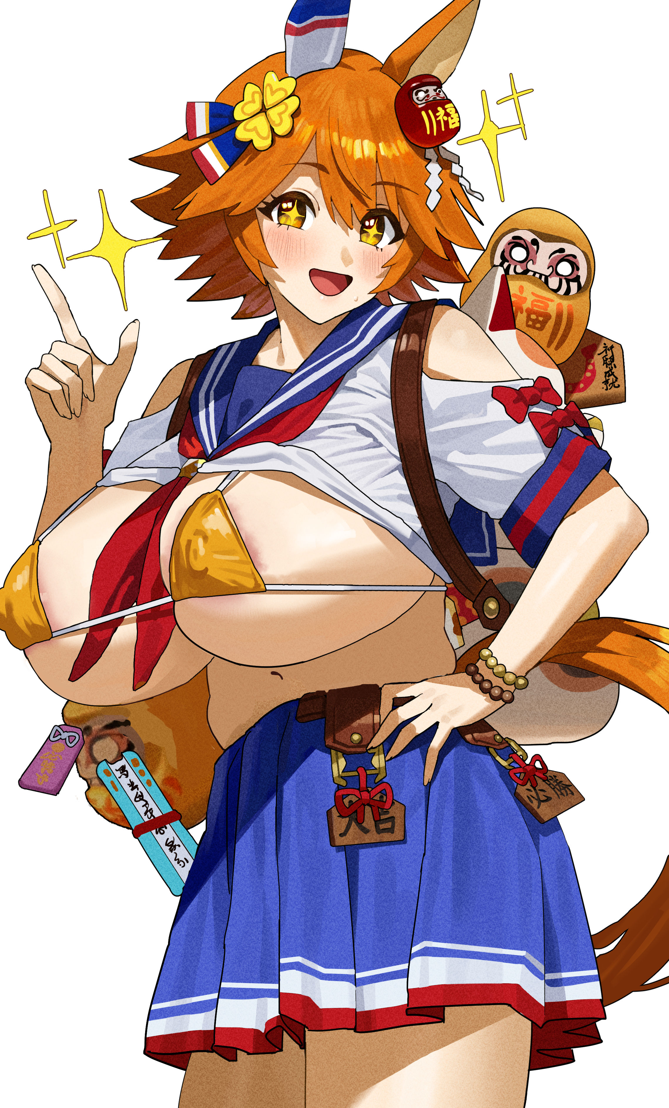 :d, absurdres, alternate breast size, animal ears, areola slip, bad id, bad pixiv id, bikini, blue sailor collar, blue skirt, breasts, covered nipples, ear covers, feipin zhanshi, female, gold bikini, highres, horse ears, horse girl, horse tail, huge breasts, index finger raised, looking at viewer, matikanefukukitaru (umamusume), navel, neckerchief, open mouth, orange hair, red neckerchief, sailor collar, school uniform, serafuku, shirt, short hair, short sleeves, simple background, single ear cover, skirt, smile, solo, sparkling eyes, swimsuit, tail, umamusume, v, vibrant colors, white background, white shirt, yellow eyes