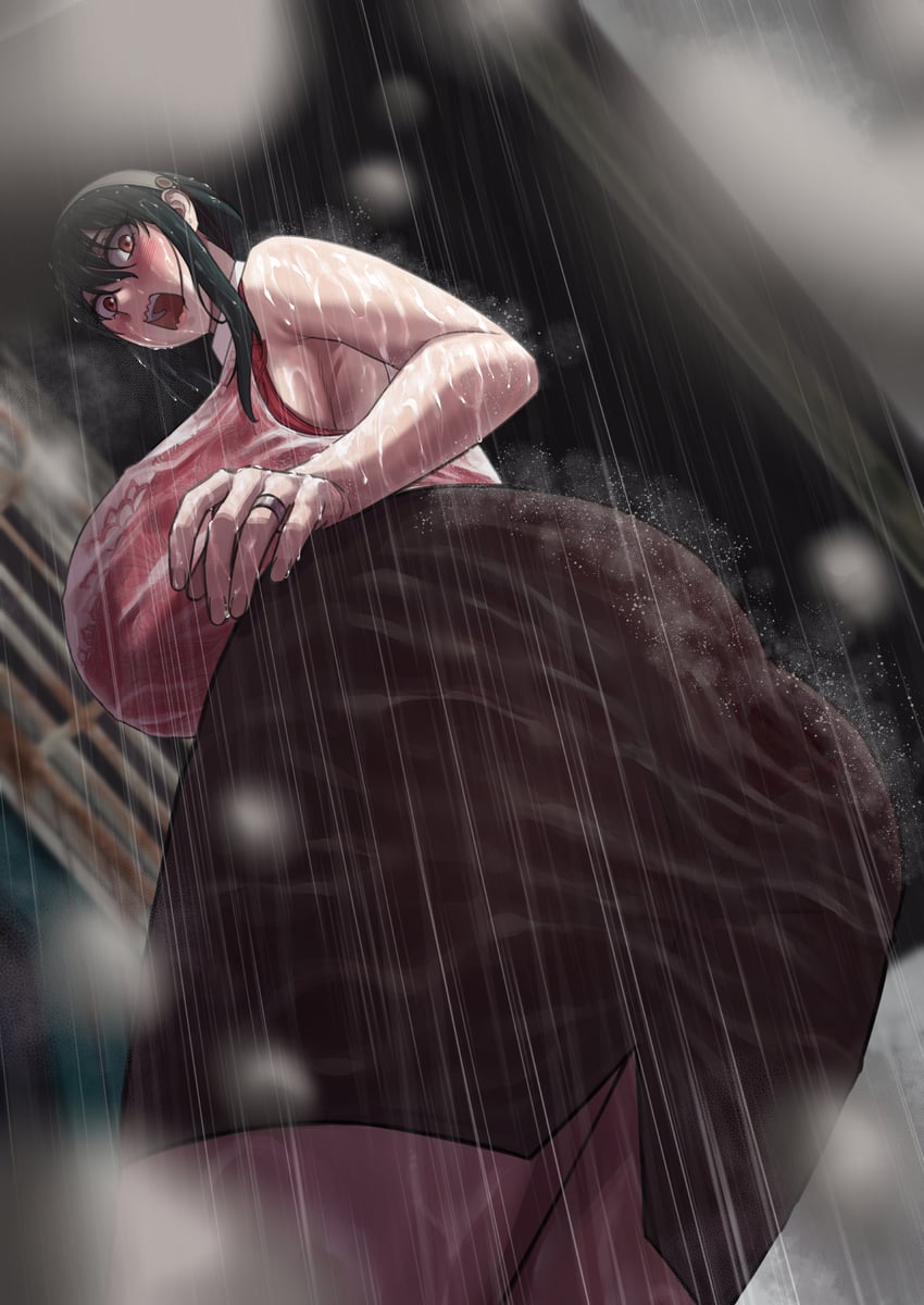 akai melon, ass, black hair, blushing, bra visible through clothes, breasts, embarrassed, female, flustered, frilled bra, huge ass, huge breasts, light skin, light-skinned female, looking back, pale skin, pale-skinned female, rain, red bra, red eyes, spy x family, suprised look, thick thighs, voluptuous female, wedding ring, wet clothes, yor briar