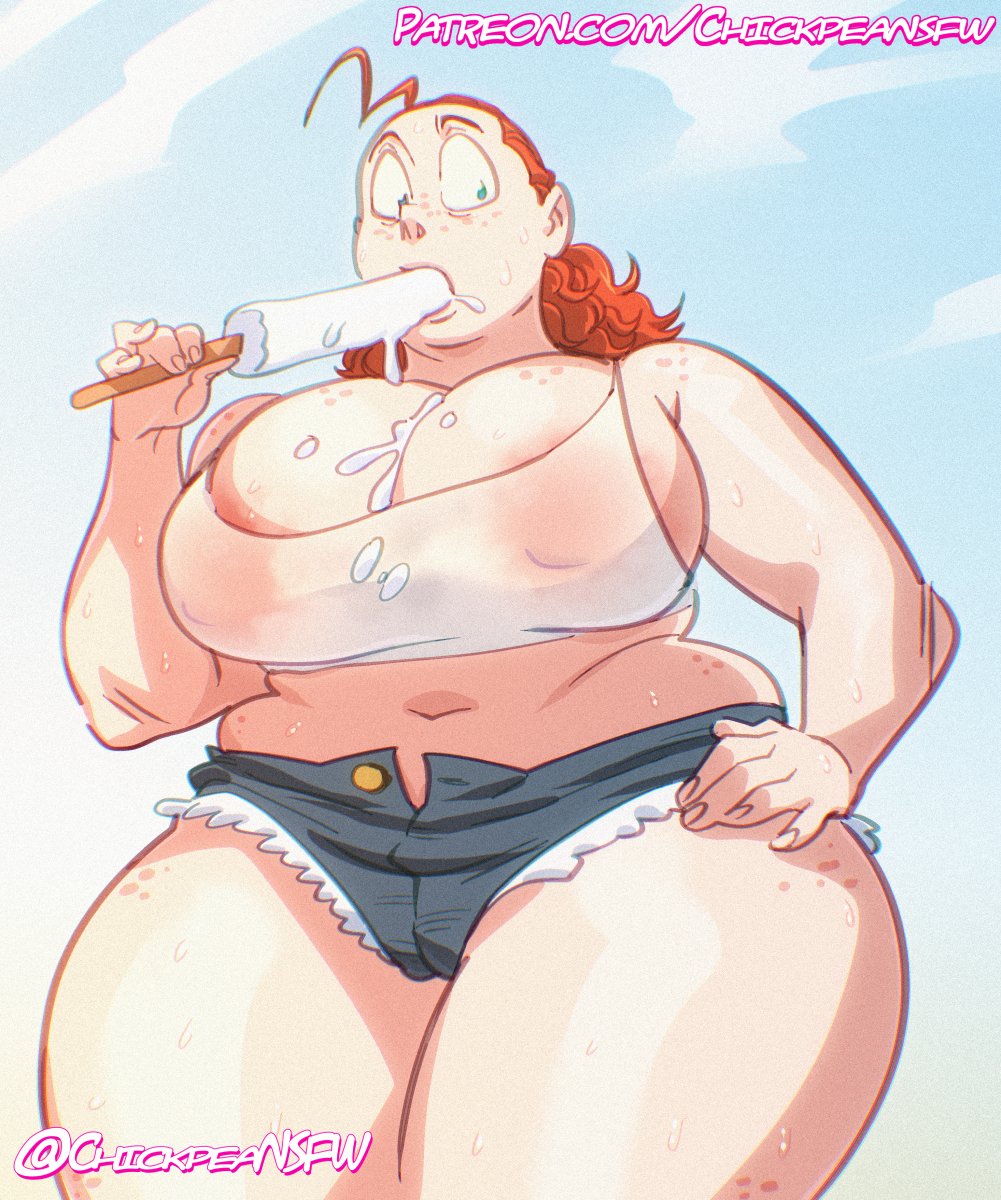 breasts, chickpea, chubby female, color, colored, creature from the lake, denim, denim shorts, female, hair pulled back, large areolae, large breasts, no bra, plump, popsicle melting, red hair, shelby (creature from the lake), sweat, tank top, thick thighs, white tank top, wide eyed