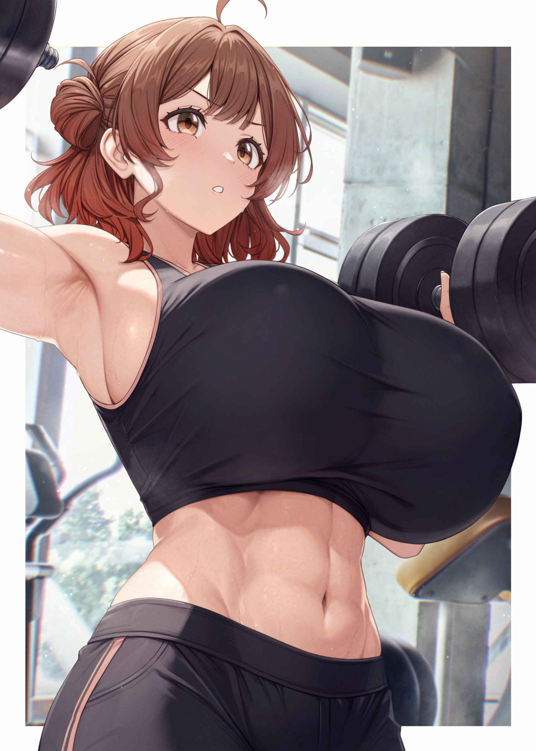 1girls, abs, absurdres, ahoge, alternate breast size, armpits, athletic female, breasts, brown eyes, brown hair, dumbbell, female, female only, fit female, gakuen idolmaster, gradient hair, hanami ume, highres, holding, holding dumbbell, huge breasts, human, human female, idolmaster, kannko bokujou, light-skinned female, midriff, multicolored hair, muscular female, navel, orzcan, paintcan, short hair, slim waist, solo, sports bra, sportswear, sweat, thighs, weightlifting, wide hips