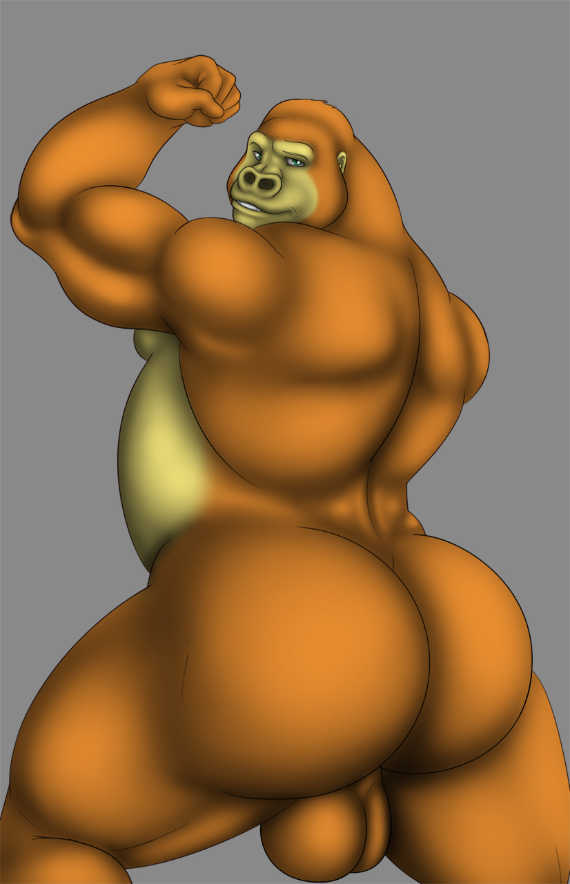 anthro anus ape ass back_view biceps big_ass chubby flexing fur furry gorilla green_eyes grin looking_at_viewer looking_back male male_only muscles nude presenting presenting_hindquarters primate scrotum smile solo testicles vamplust yellow_fur