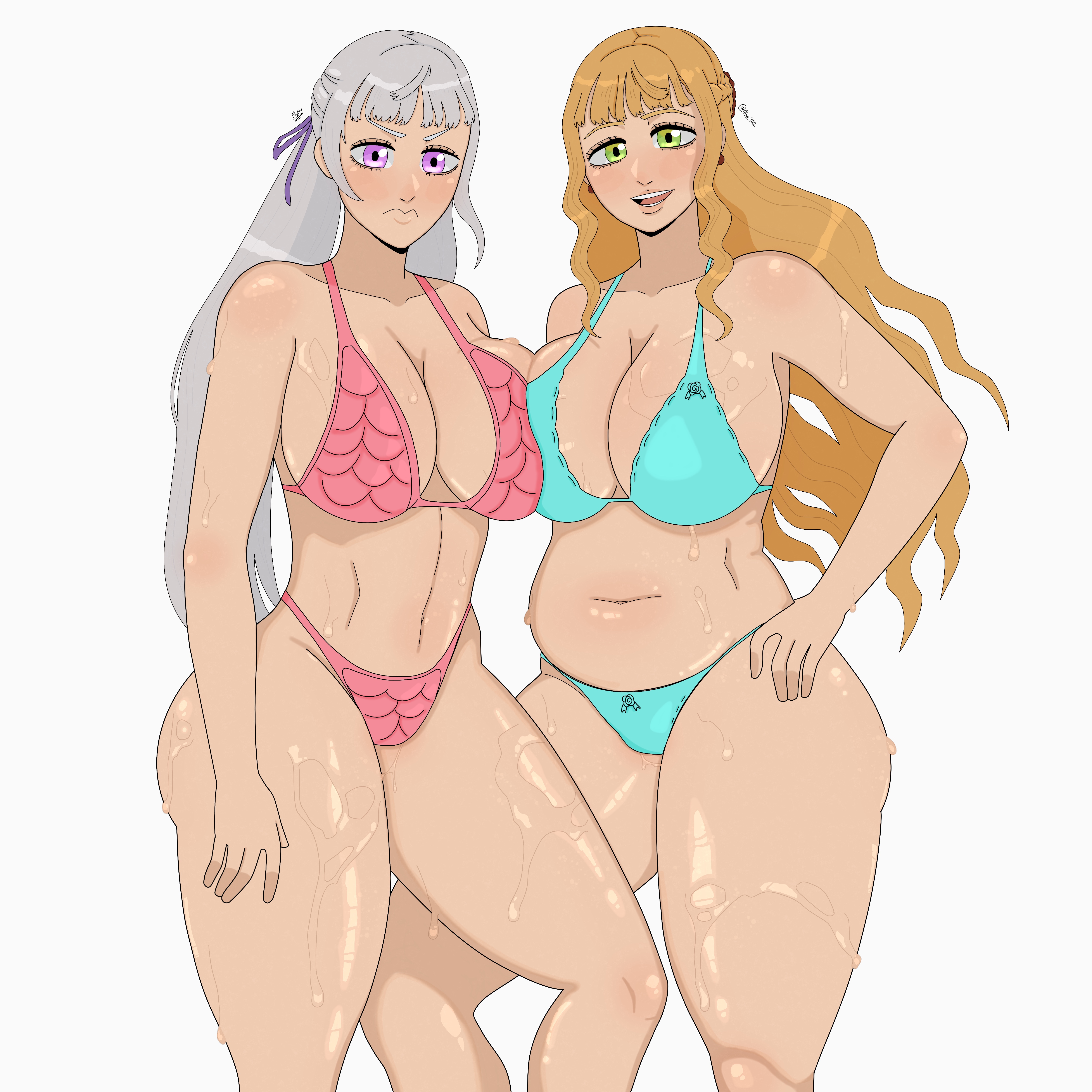 2girls, alternate breast size, big breasts, bikini, black clover, breasts, chubby, chubby female, female, female only, mimosa vermillion, multiple females, multiple girls, mutty, noelle silva, oiled, oiled skin, shiny skin, stomach, swimsuit, swimwear, thick thighs, wet