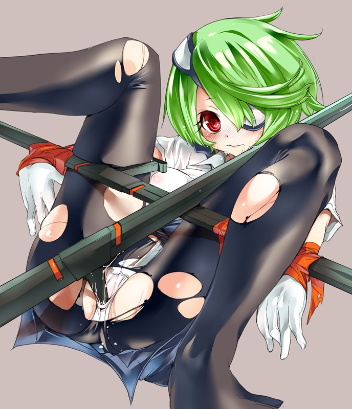 black_legwear blush bondage breasts eye_patch female frown gloves green_hair grey_background hair_ornament hair_over_one_eyes impossible_clothes impossible_shirt lying nipples on_back open_mouth otonashi_kiruko panties pantyhose pussy_juice red_eyes ringed_eyes see-through shinmai_fukei_kiruko-san short_hair simple_background skirt solo spread_legs tokita_monta tonfa torn_clothes underwear uniform weapon white_panties