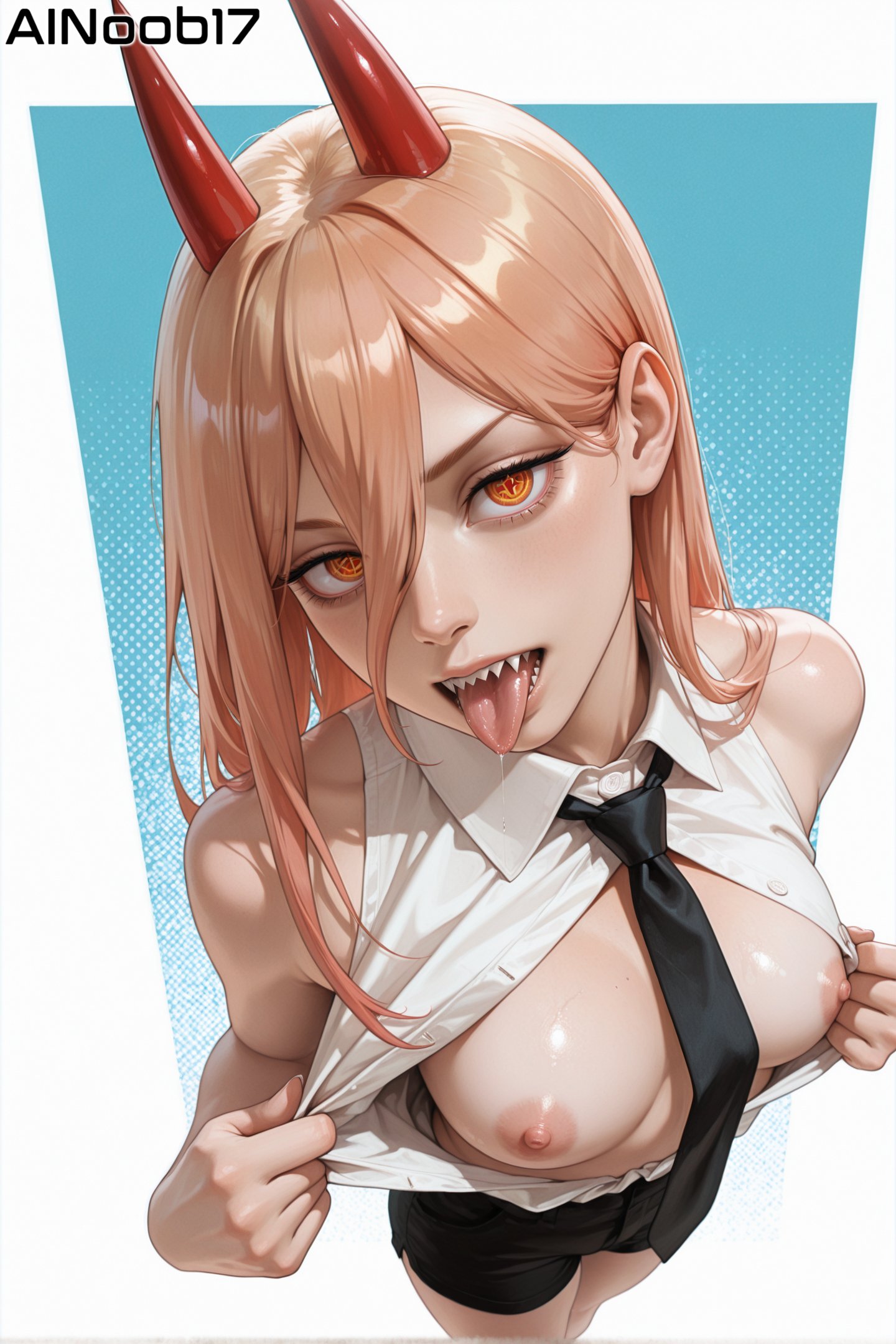 1girls, ai generated, ainoob17, blonde hair, bowtie, breasts, breasts out, chainsaw man, collared shirt, demon, demon eyes, demon girl, female, female only, flashing, horns, light skin, open mouth, open shirt, power (chainsaw man), sharp teeth, shirt, solo, tagme, tongue, tongue out