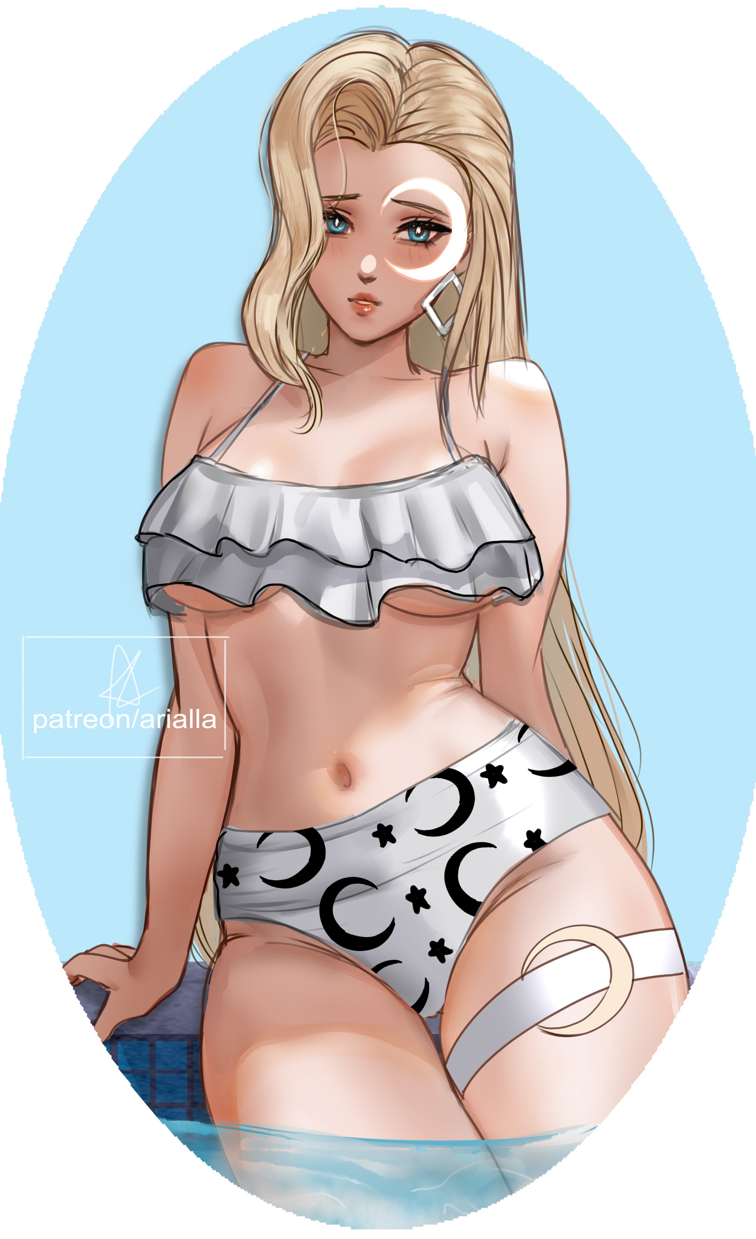 1girls, arialla draws, artist name, bikini, blonde hair, blue eyes, breasts, busty, curvy, dagger (marvel rivals), dagger (marvel), earrings, female, frilly bikini, light skin, light-skinned female, marvel, marvel comics, marvel rivals, swimsuit, thigh strap, white bikini