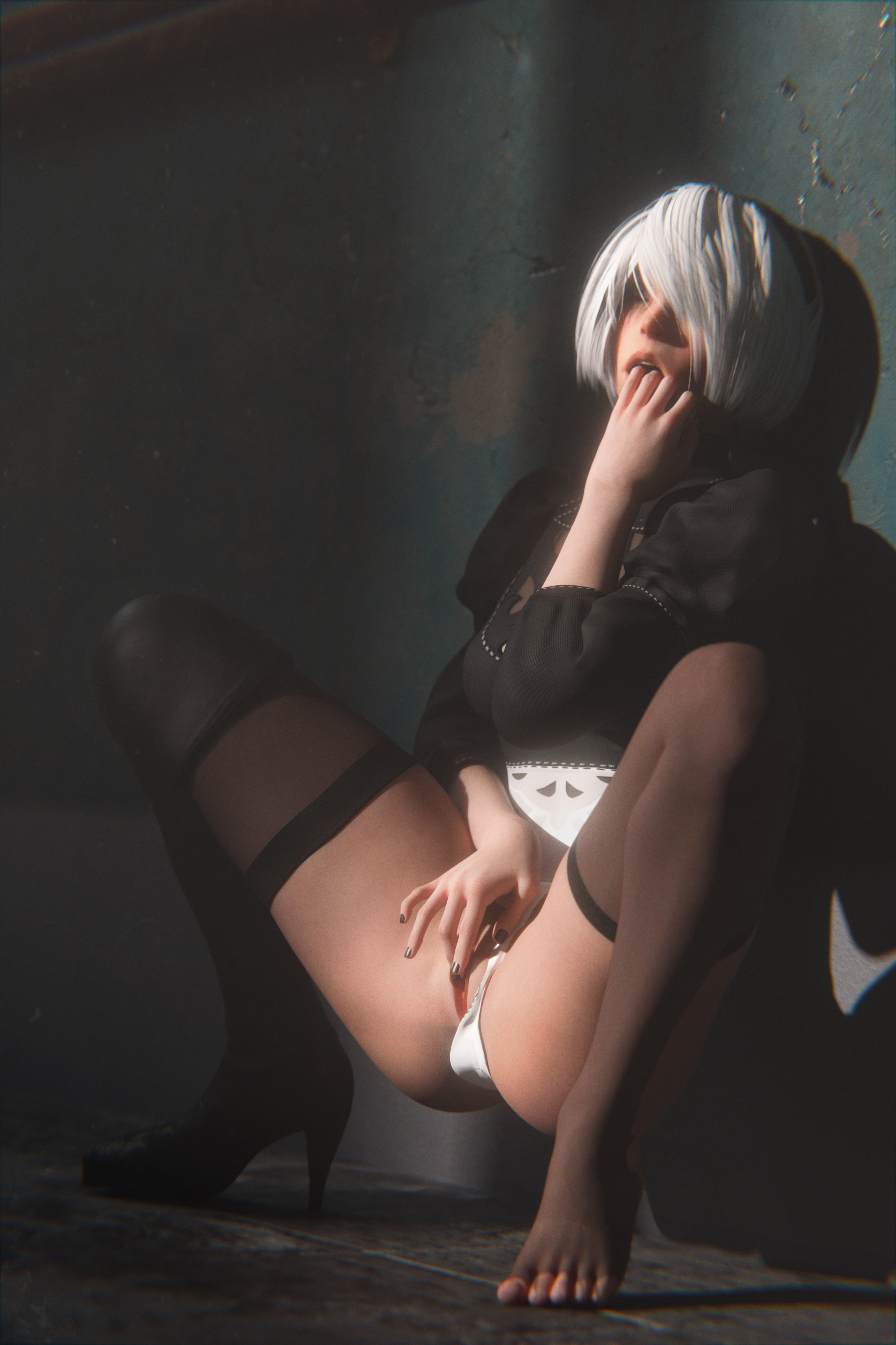 1girls, abandoned building, erovirus, feet, female, hidden, masturbation, nier: automata, pussy, pussy out, solo, solo female, solo focus, yorha 2b