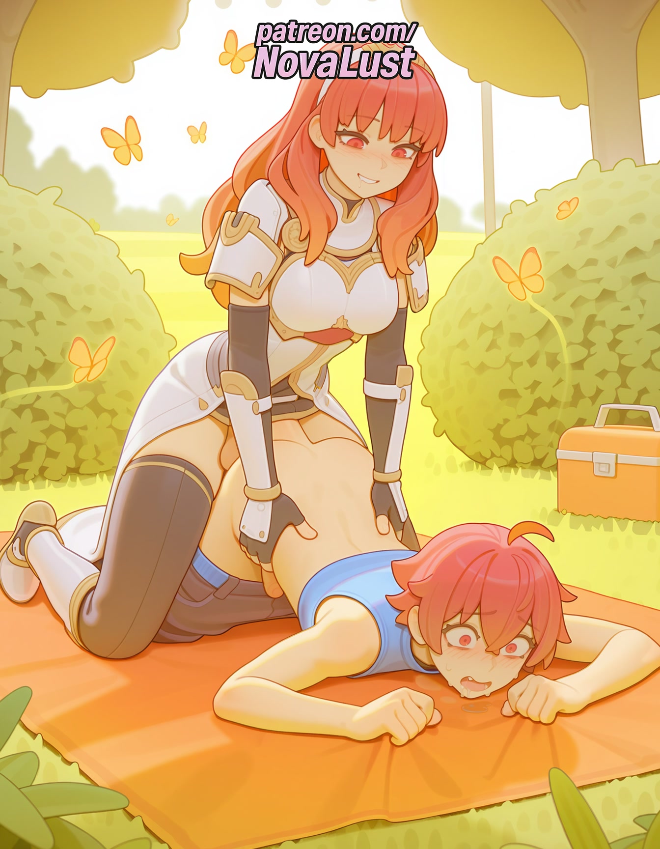 1boy, 1futa, 2025, ai generated, ai penis, anal, armor, artist name, bee, blue butterfly, bug, butterfly, butterfly wings, celica (fire emblem), dragonfly, fingerless gloves, fire emblem, futa on male, futanari, gloves, grass, hi res, high quality, high resolution, highres, intersex, long hair, lying, lying on stomach, male, novalust, on belly, on stomach, orange hair, patreon, patreon username, penis, prone position, red eyes, red hair, short hair, stable diffusion, watermark, yellow butterfly