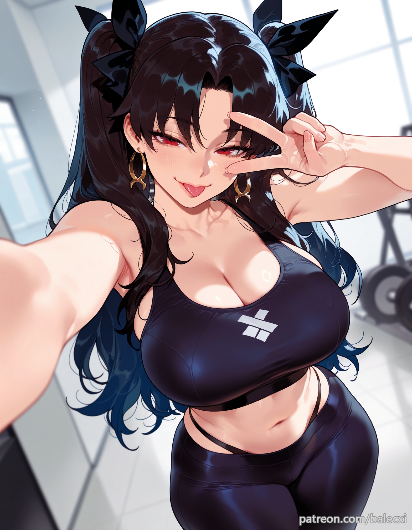 1girls, ai generated, alternate breast size, balecxi, bare shoulders, big breasts, black hair, breasts, cleavage, collarbone, fate (series), fate/grand order, female, female only, hoop earrings, ishtar (fate), jewelry, large breasts, light skin, light-skinned female, long hair, looking at viewer, navel, pants, parted bangs, red eyes, selfie, smile, solo, sports bra, thighs, tongue, tongue out, two side up, underwear, v, v over eye