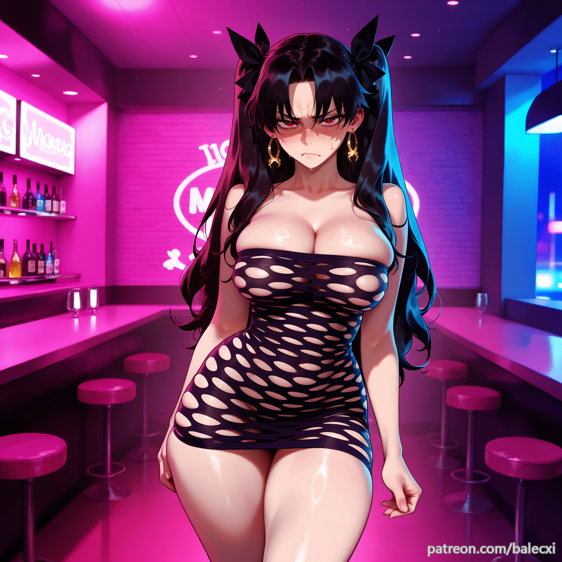 1girls, ai generated, balecxi, bar (place), bare shoulders, big breasts, black hair, blush, breasts, cleavage, dress, earrings, fate (series), fate/grand order, female, female only, hair ribbon, indoors, ishtar (fate), jewelry, large breasts, light skin, light-skinned female, long hair, looking at viewer, patreon username, red eyes, solo, thick thighs, two side up