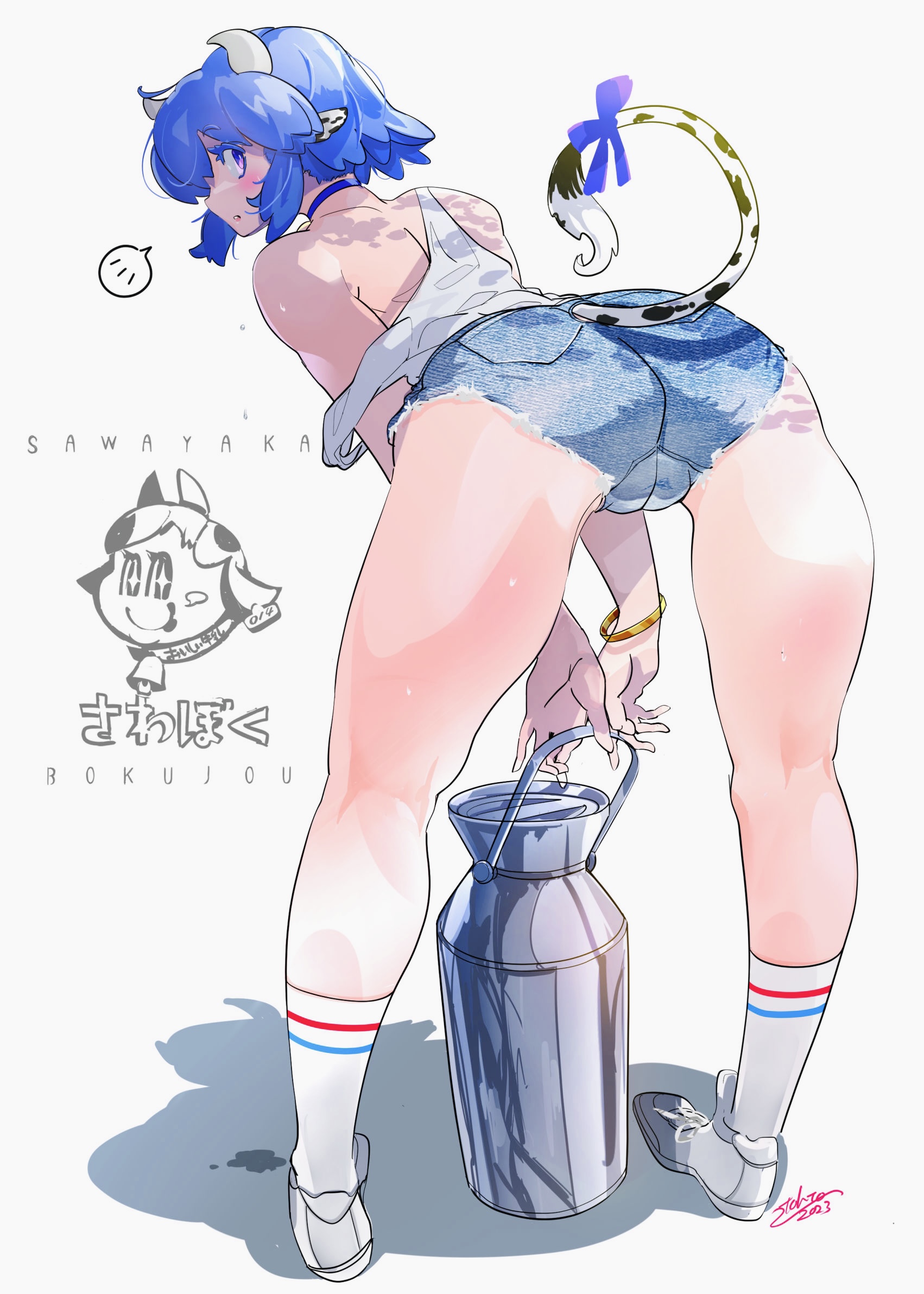 ass, bovid, cow ears, cow horns, cow tail, femboy, from behind, fully clothed, horns, hotpants, jean shorts, male, short shorts, shorts, tank top, tohtotou