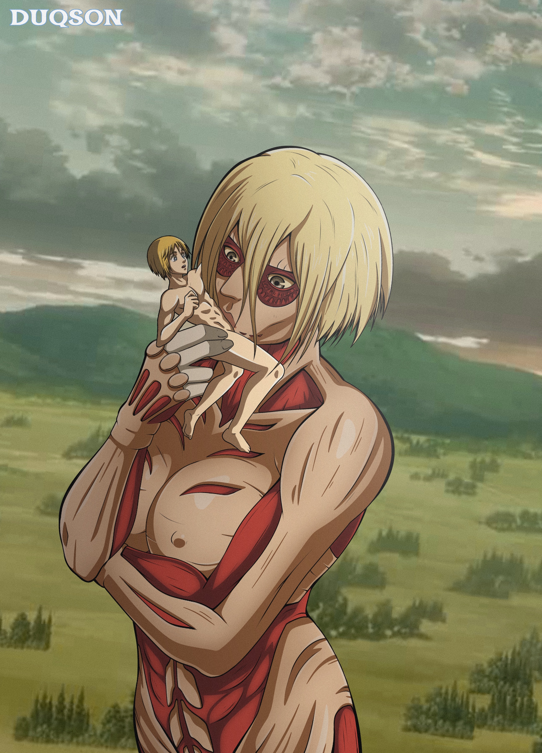 1boy, 1girls, annie leonhardt, armin arlert, attack on titan, blonde female, blonde hair, blonde-haired male, blowjob, breasts, carrying, carrying partner, completely nude, completely nude female, completely nude male, duqson, fellatio, female, female titan, giantess, naked, nude, oral, outdoors, shingeki no kyojin, size difference, standing