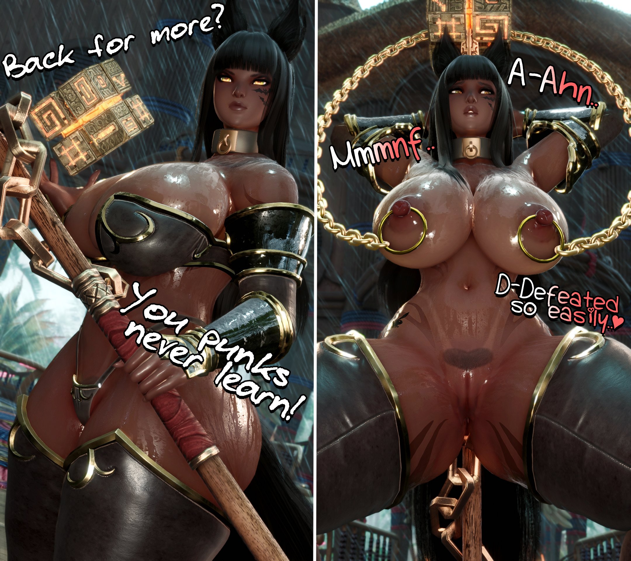 2koma, 3d, almost naked, arms behind back, arms behind head, before and after, big breasts, breasts, captured, chained nipples, chains, collar, defeated, english text, exhibitionism, exposed, female, final fantasy xiv, forced, forced exposure, gpose (ffxiv), humiliation, instant loss, instant loss 2koma, nipple rings, pierced nipples, piercing, posing, pubic hair, public nudity, pussy, sex slave, showing pussy, tagme, tied, yaznyah
