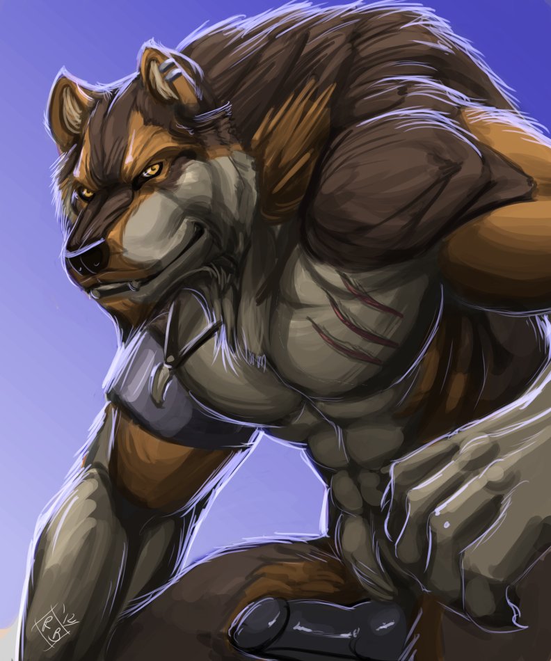 abs abstract_background anthro armband biceps blue_background brown_fur canine claws ear_piercing erection fur furry licantrox looking_at_viewer male male_only necklace no_humans nude pecs penis piercing plain_background pose rrowdybeast scar solo werewolf wolf wounded yellow_eyes