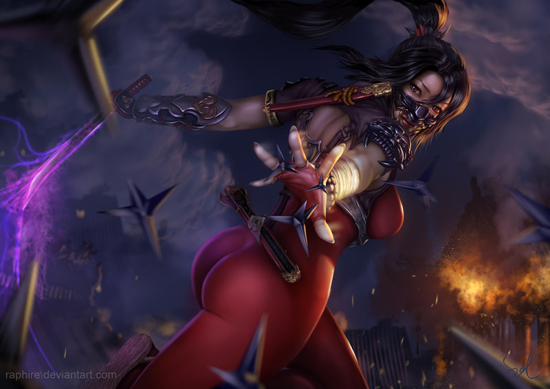 armor asian ass back_cutout black_hair bodysuit breasts brown_eyes clothing_cutout cloud cloudy_sky commentary covered_nipples english_commentary explosion female fingerless_gloves fire from_behind gloves glowing holding holding_sword holding_weapon large_breasts long_hair looking_back mask night night_sky ninja outstretched_arms ponytail raphire realistic red_bodysuit red_lips reverse_grip sheath shoulder_armor shuriken skin_tight sky solo soul_calibur soulcalibur sword taki weapon