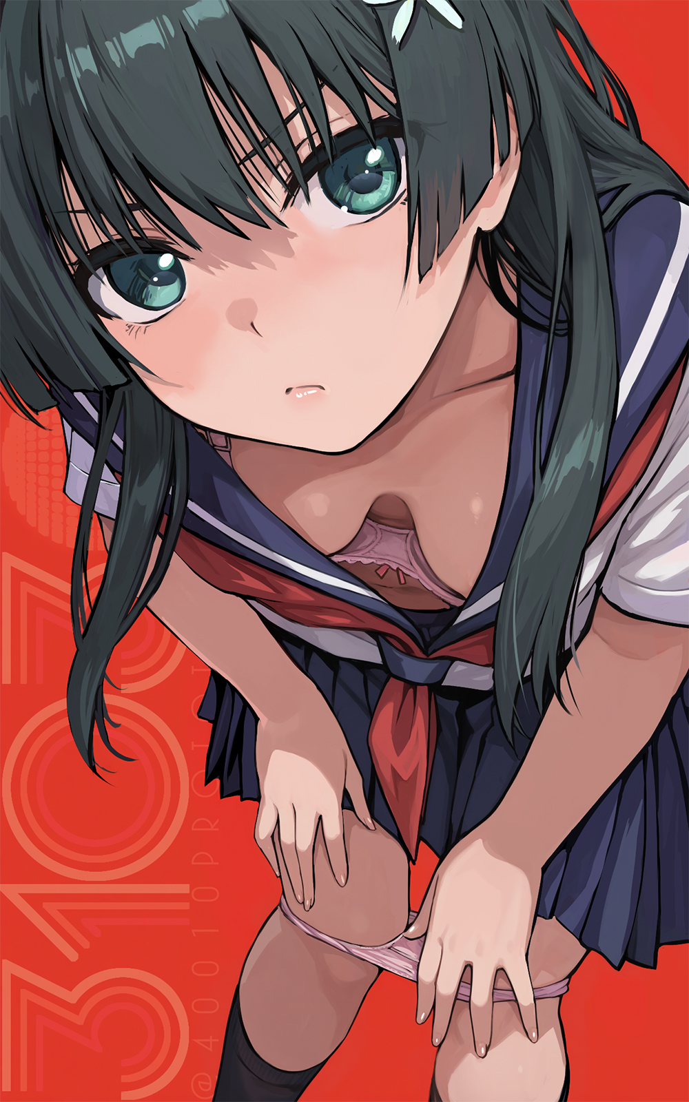 1girls, 2020s, 2025, 40010prototype, black hair, black socks, blue eyes, blue sailor collar, blue skirt, bra, breasts, closed mouth, downblouse, extended downblouse, female, flower, frown, hair flower, hair ornament, hi res, kneehighs, leaning forward, light skin, light-skinned female, long hair, looking at viewer, neckerchief, panties, panty pull, pink bra, pink panties, pleated skirt, red background, red neckerchief, sailor collar, sakugawa school uniform, saten ruiko, school uniform, schoolgirl, serafuku, shirt, skirt, small breasts, socks, solo, summer uniform, teenage female, teenager, to aru kagaku no railgun, to aru majutsu no index, underwear, white shirt, young, young female