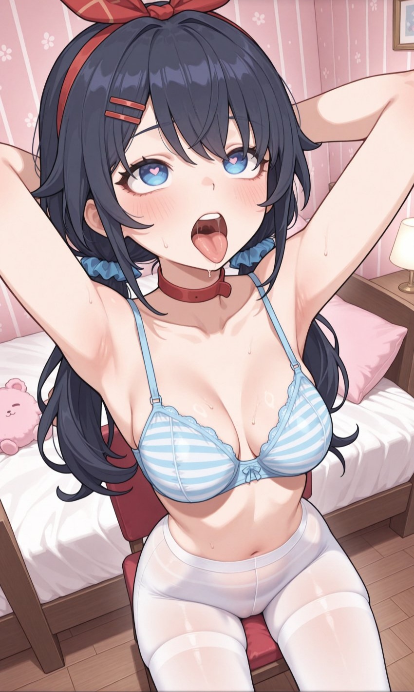 ai generated, bikini, breasts, female, infit, miside, mita (miside), open mouth, sitting, small breasts, top