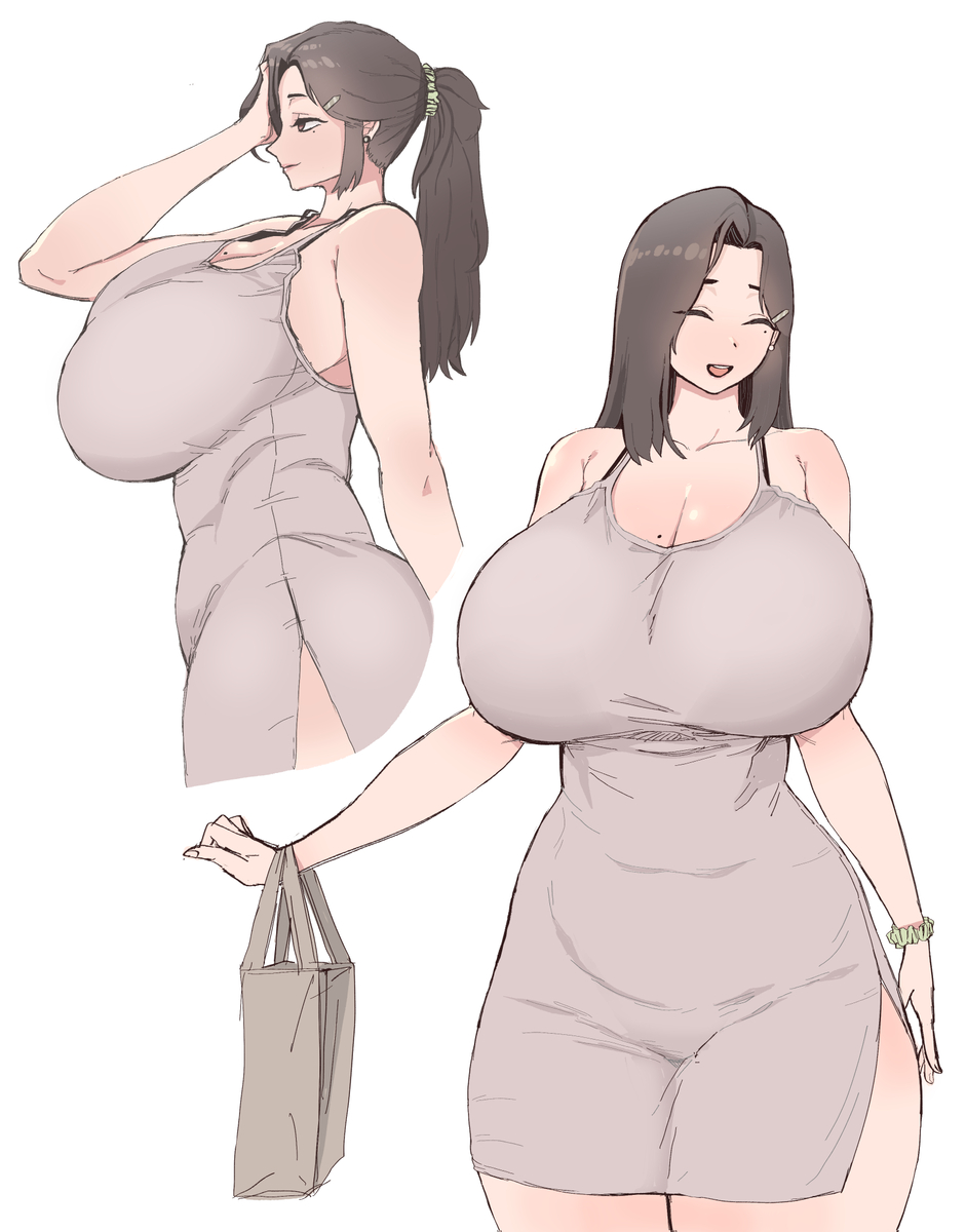 1girls, big breasts, breasts, closed eyes, dress, efto (pixiv), female, heavenly body, huge breasts, milf, ponytail, wholesome, wide hips