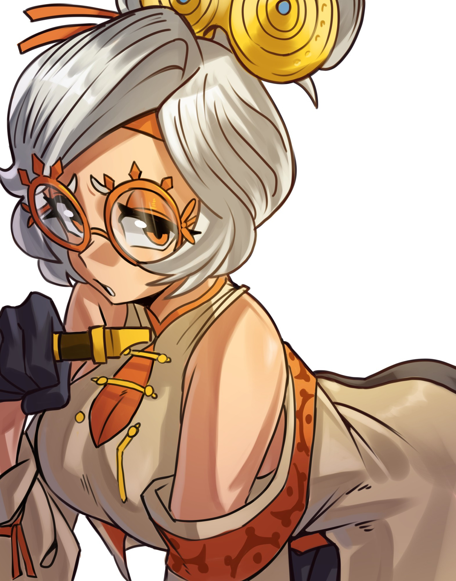 1girls, 2025, bare shoulders, belt, bending forward, bending over, black gloves, bodysuit, bodysuit under clothes, bow-shaped hair, breasts, circular glasses, cleavage, cleavage cutout, clothing cutout, coat, collared shirt, detached sleeves, double bun, eyeshadow, eyewear on head, female, female only, flute, glasses, gloves, goggles, goggles on head, grey hair, hair bun, hair ornament, hair stick, hairpin, half gloves, hand up, headband, headgear, highres, holding, holding flute, holding instrument, impossible clothes, impossible shirt, instrument, large breasts, leaning forward, light blush, long sleeves, looking at viewer, makeup, moxydraws, moxydrawsmore, nintendo, open clothes, open coat, parted lips, purah, purah (tears of the kingdom), questionable, recorder, red bodysuit, red eyes, red eyeshadow, red eyewear, red ribbon, red-framed eyewear, ribbon, sfw, sheikah, shirt, short hair, sidelocks, sleeve ribbon, sleeveless, sleeveless shirt, smile, solo, tears of the kingdom, the legend of zelda, updo, white background, white coat, white shirt
