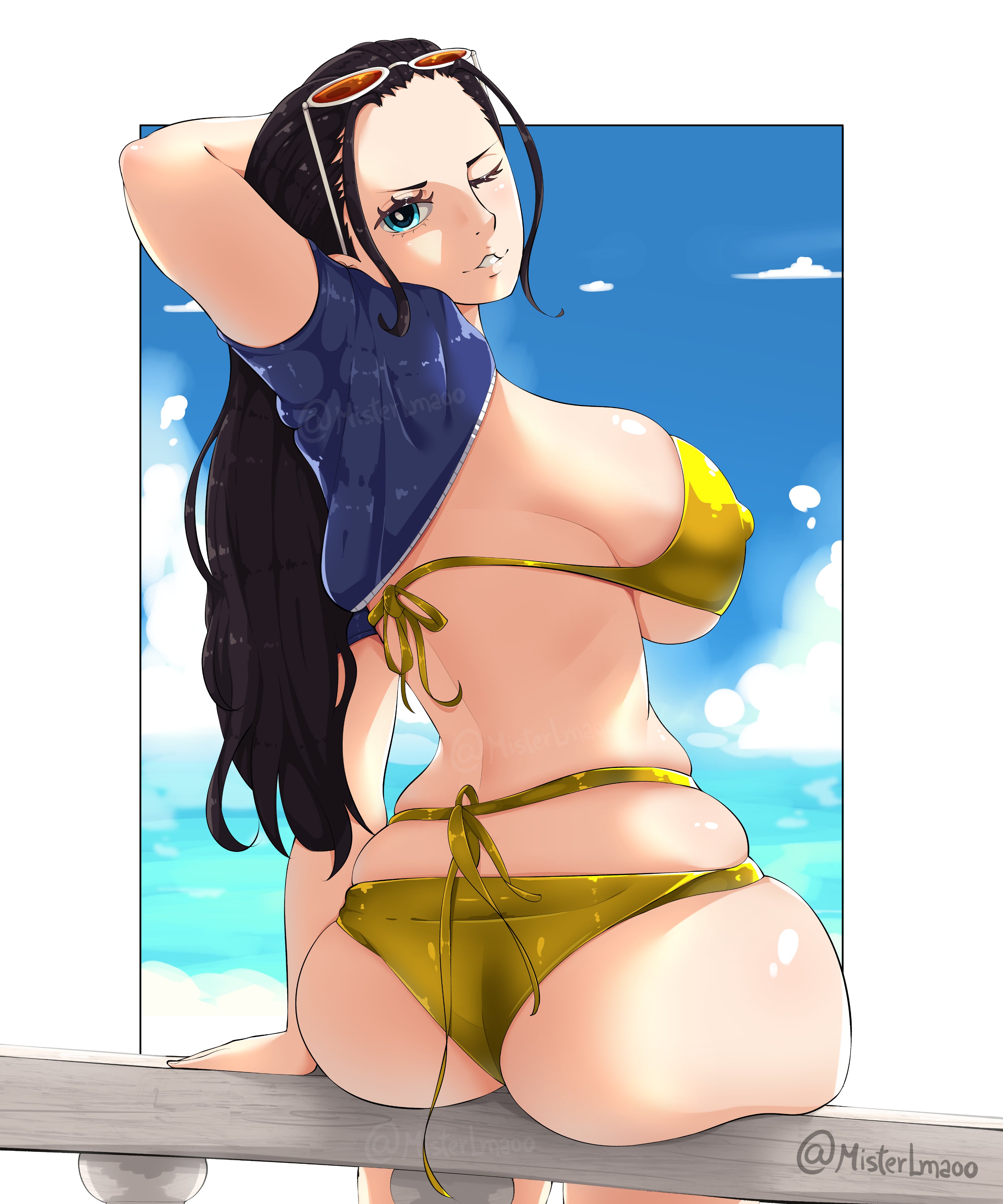 1girls, ass, beach, big ass, big breasts, big butt, big thighs, big titties, bikini, black hair, black-haired female, breasts, clothing, curvaceous, curvaceous female, curvaceous figure, curvy, curvy figure, curvy hips, female, female focus, female only, golden bikini, long hair, looking at viewer, misterlmaoo, nico robin, one piece