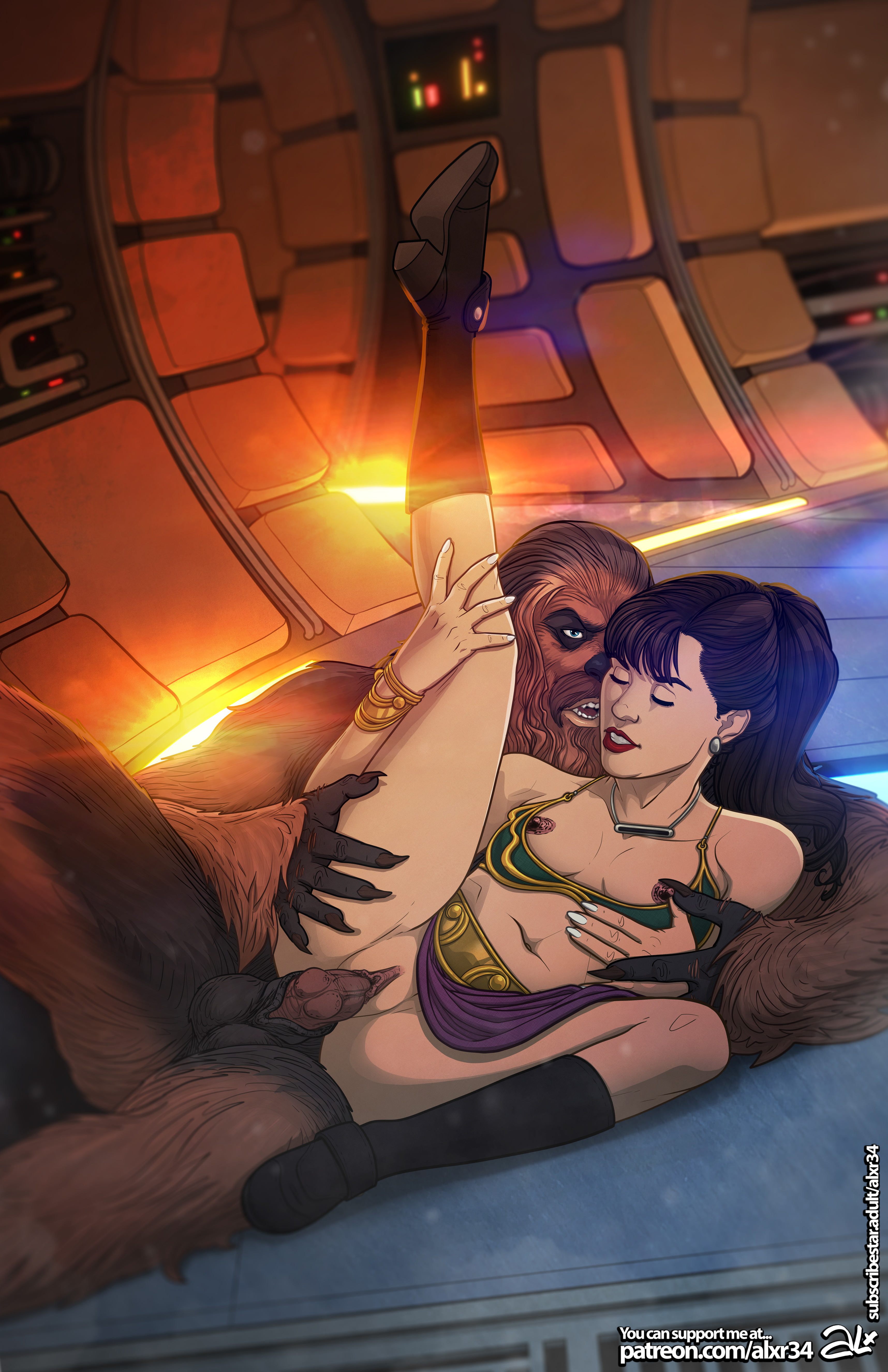 alx (fuckit), boots, brown hair, canine penis, chewbacca, clothed sex, emilia clarke, female, interspecies, legs up, lipstick, male, penis, pussy, qi'ra, slave leia (cosplay), star wars, vaginal penetration, vaginal sex, wookiee