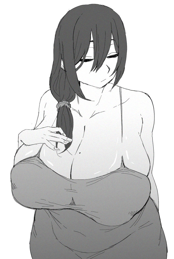 1girls, big breasts, breasts, closed eyes, dress, efto (pixiv), female, hand on breast, huge breasts, mole on breast, side ponytail, wide hips