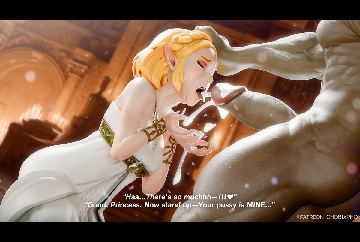 1boy, 1girl, 1girls, 3d, 3d (artwork), big penis, blonde hair, chobixpho, clothed female nude male, cum, cum in mouth, cum on face, cum on hands, elf, elf ears, elf female, eyes closed, facial, femsub, ganondorf, ganondorf (hyrule warriors), ganondorf (tears of the kingdom), hand on another's head, head grab, kneeling, maledom, oral, penis, pointy ears, princess zelda, questionable consent, tagme, the legend of zelda