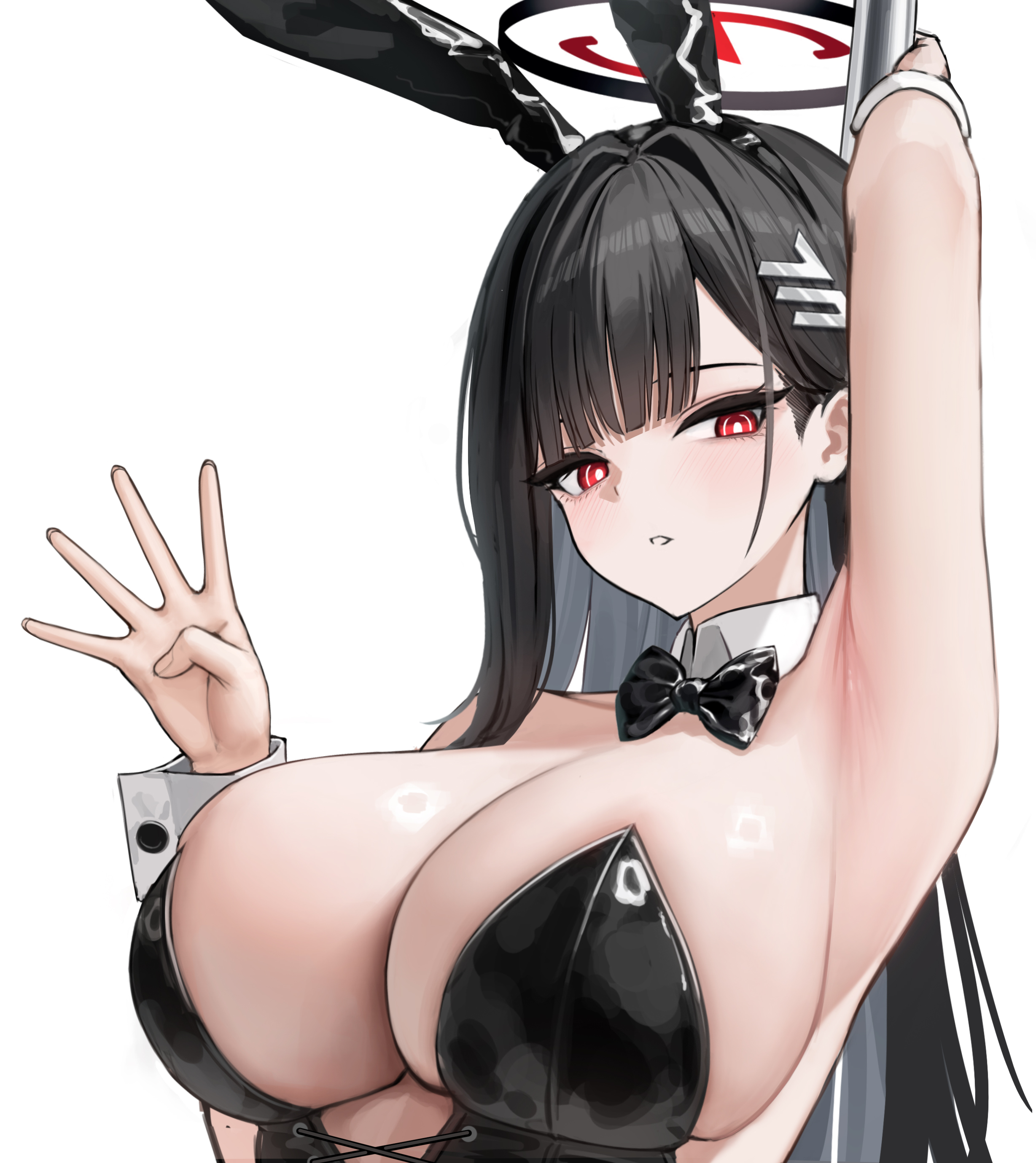 1girls, 2025, aerolae, arm behind head, black bunnysuit, black hair, blue archive, bunnysuit, collar, fake animal ears, fake rabbit ears, female, female only, fingers, hi res, leotard, light skin, light-skinned female, looking at another, looking away, millennium science school student, partially clothed, red eyes, rio (blue archive), seminar (blue archive), simple background, solo, torrentduck, tube, viewed from front, white background