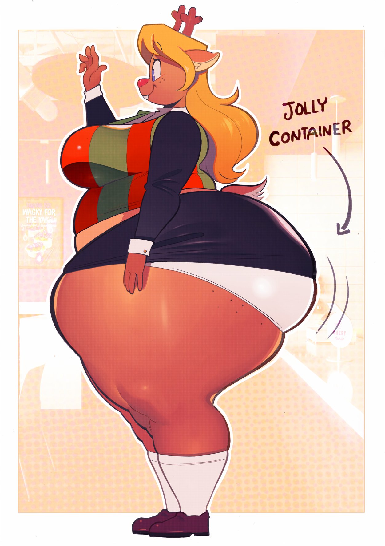 1girls, antlers, ass, belly, blonde hair, blue eyes, brown fur, chubby, chubby female, crack the moon, deltarune, evil container, fat, female, female focus, female only, freckles, freckles on ass, freckles on face, hips, large ass, noelle holiday, panties, reindeer, reindeer antlers, sideboob, skirt, socks, stomach, thick thighs, thighs, underwear, waving, weight gain, wide hips