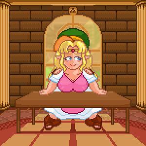 1boy, 1girls, a link between worlds, alternate version available, animated, bent over desk, big breasts, blonde hair, bottomless male, breasts, cleavage, clothed male clothed female, clothed sex, desk, dress, front view, gif, hands on shoulders, happy sex, implied sex, link, link (a link between worlds), long ears, long hair, nyancat1, open toe footwear, open toe shoes, pixel animation, pixel art, princess zelda, sandals, self upload, sex, skirt lift, standing sex, straight, taken from behind, the legend of zelda, tiara, vaginal penetration, window, zelda (a link between worlds)