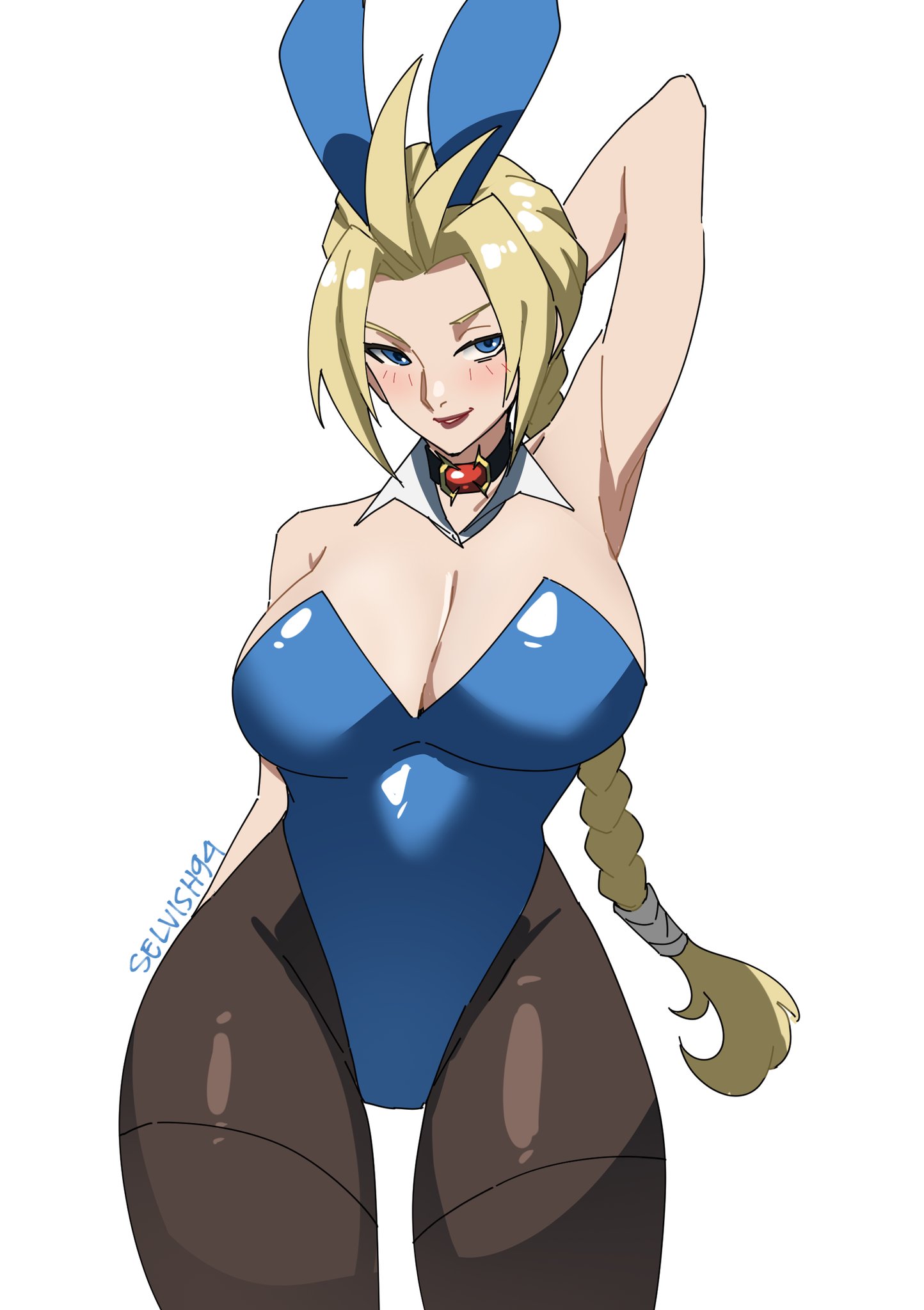2d, animal ears, bare shoulders, blonde hair, blue eyes, blue leotard, braid, braided ponytail, breasts, bunny ears, bunnysuit, choker, cleavage, collar, crown, dress, elsa bloodstone, elsa bloodstone (marvel rivals), elsa bloodstone (young blood), fully clothed, hi res, highres, jewelry, leotard, long hair, marvel, marvel comics, marvel rivals, playboy bunny, rabbit ears, selvish94, simple background, snowbunny, solo, white background