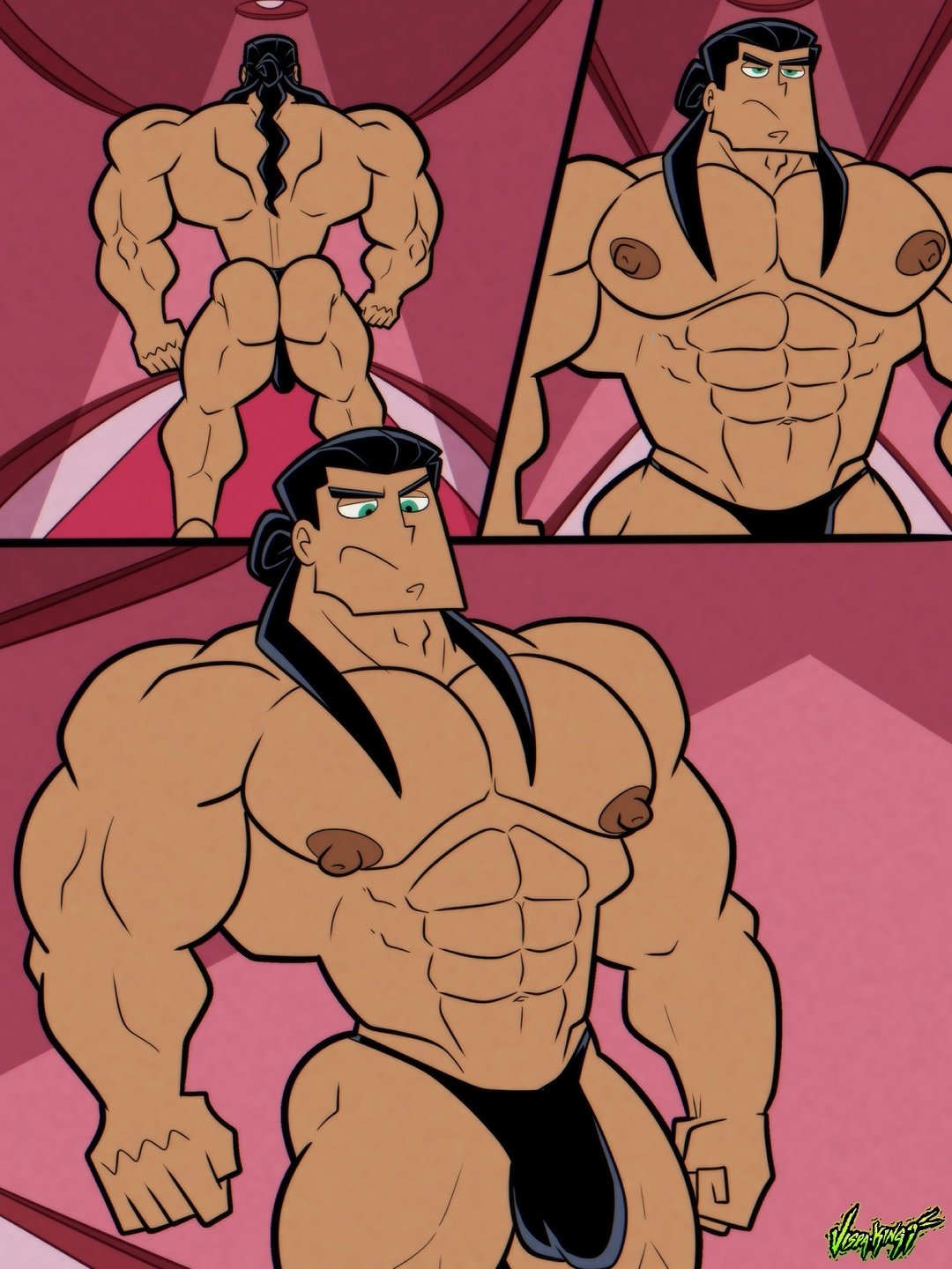 1boy, abs, artist name, ass, back, bara, black hair, g-string, gay, iñaki (vispaking), male, male focus, male only, multiple views, muscular, muscular arms, muscular chest, muscular legs, muscular male, nipples, original, original character, pecs, solo, solo male, text, thong, vispaking