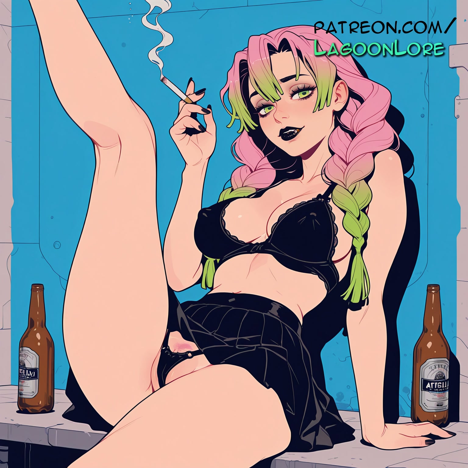 ai generated, alcohol, artist name, beer, beer can, black bra, bottle, bra, braid, brand name imitation, breasts, bust, can, chest, clitoral hood, coca-cola, demon slayer, drunk, exposed pussy, female, gradient hair, green eyes, green hair, hi res, highres, holding bottle, holding can, juicy pussy, kanroji mitsuri, kimetsu no yaiba, lagoonlore, long hair, mole, mole under eye, monster energy, multicolored hair, nail polish, open mouth, panties, patreon, patreon username, pink hair, pleated skirt, pocky, pussy, skirt, soda bottle, soda can, solo, thighs, tight pussy, two-tone hair, underwear, vagina, water bottle, watermark
