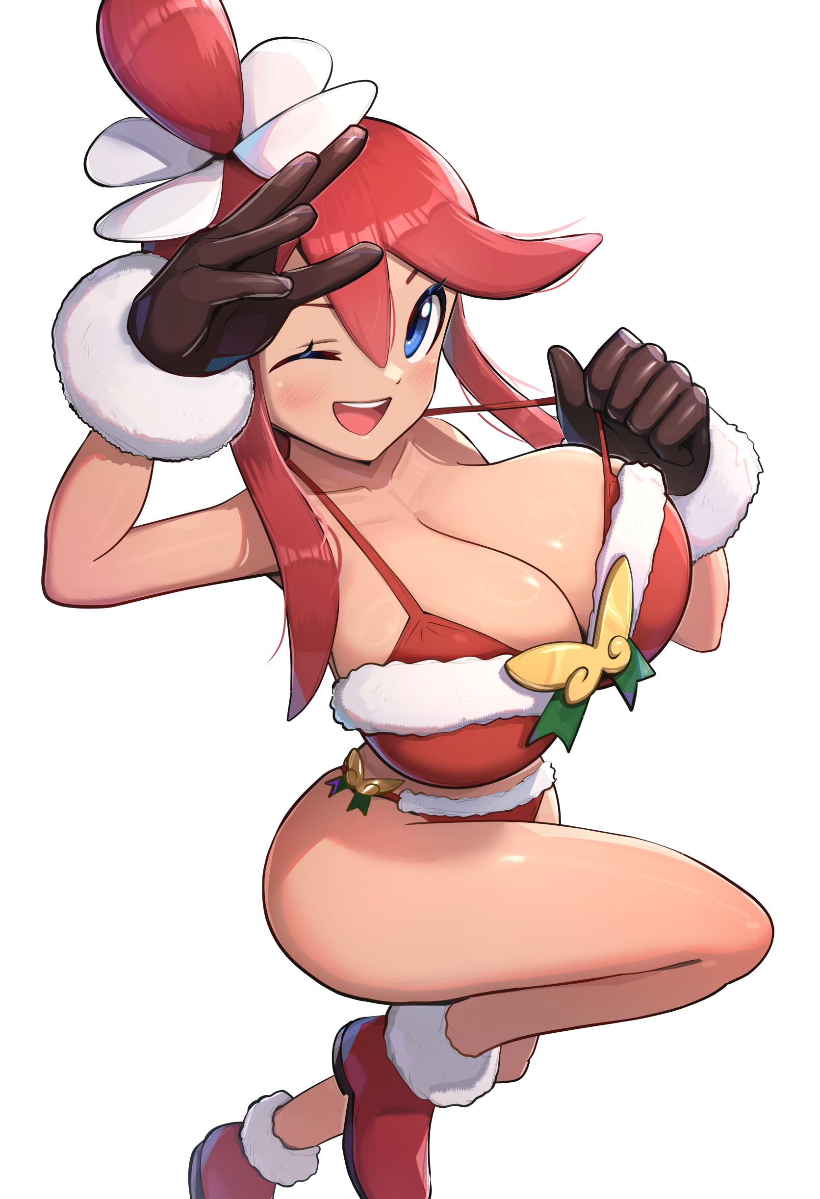 1girls, absurdres, bikini, blue eyes, breasts, christmas, game freak, gonzarez, highres, holiday skyla (pokemon masters), large breasts, nintendo, one eye closed, pokemon, pokemon masters, pokemon masters ex, red eyes, santa bikini, santa costume, skyla (pokemon), swimsuit, swimsuit cover-up