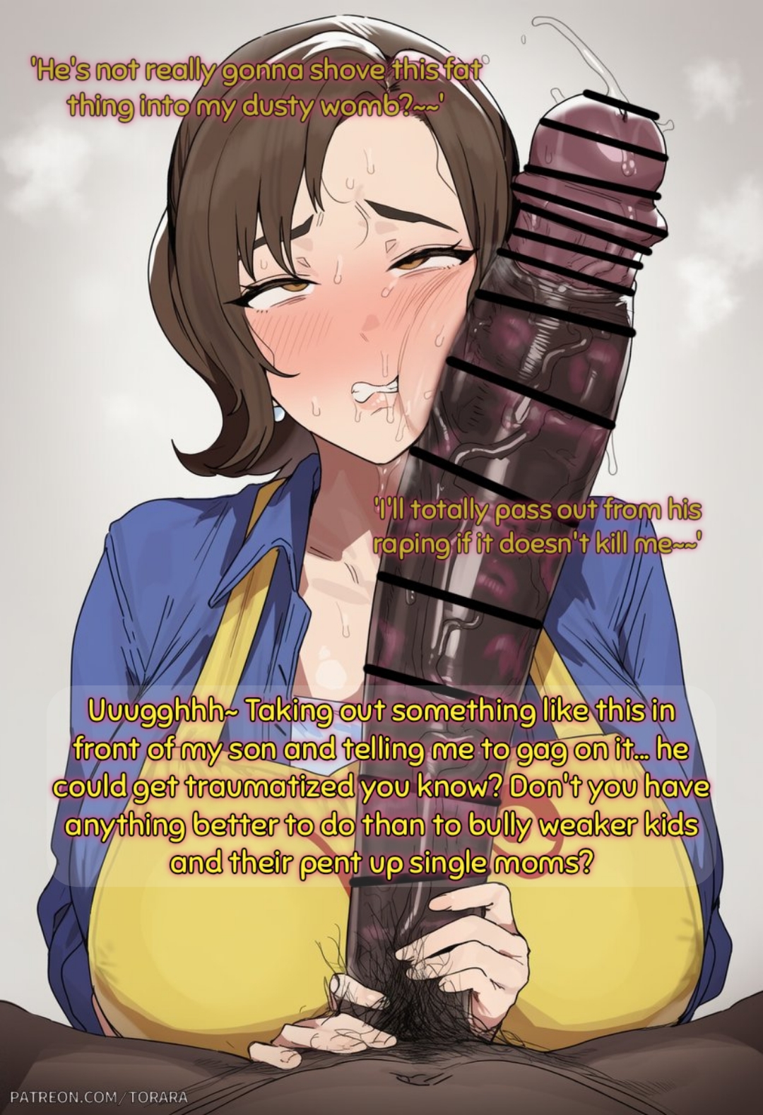  holy0knight , ai generated, bully, caption, censored, dark-skinned male, large breasts, mother, mother (pokemon sv), penis, penis awe, pokemon, pokemon sv, text