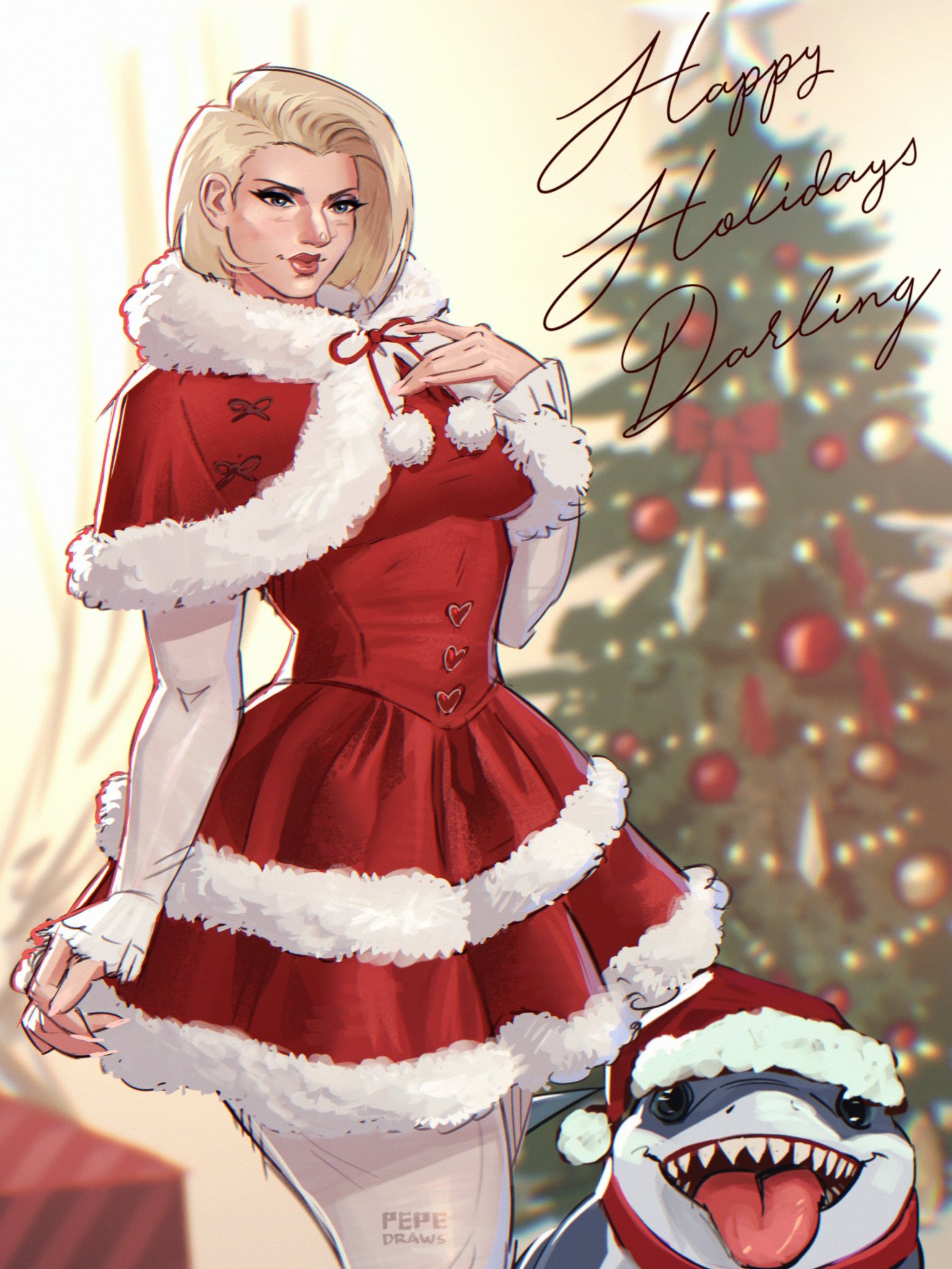 blonde female, blonde hair, blue eyes, breasts, christmas tree, emma frost, emma frost (marvel rivals), female, jeff the land shark, large breasts, marvel, marvel comics, marvel rivals, pepedraws, red lipstick, santa costume, white queen, x-men