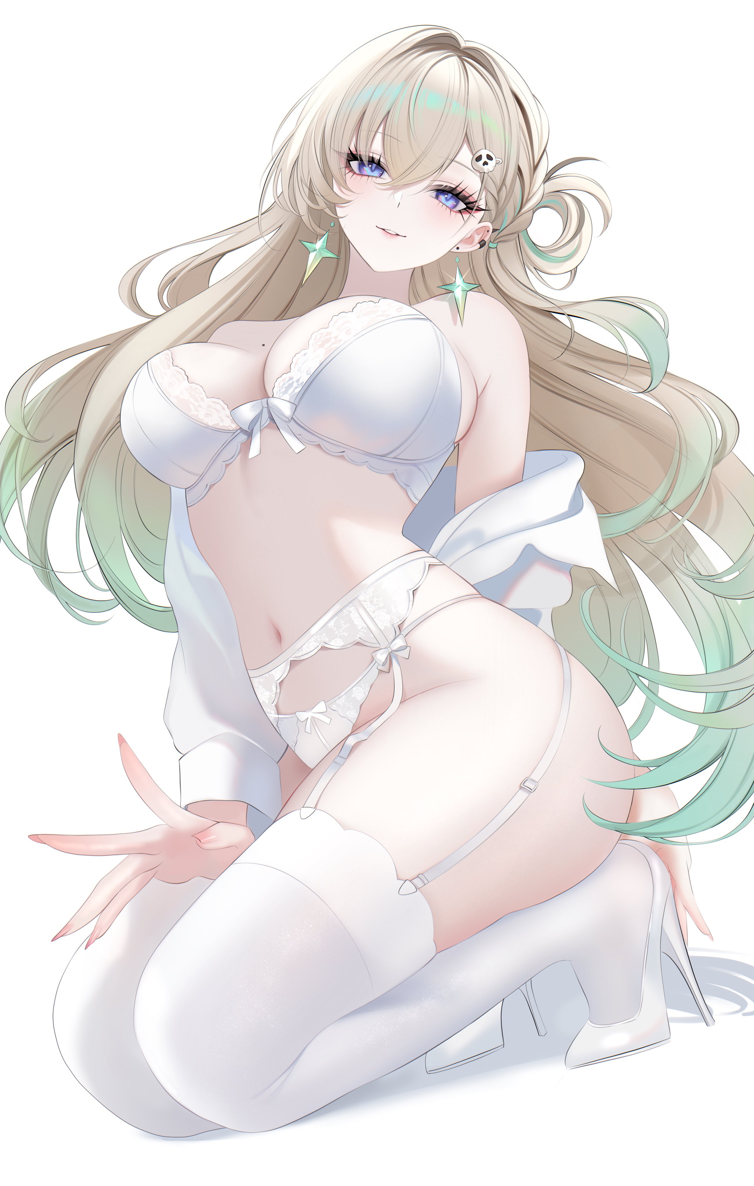 1girls, arisuwu707, big breasts, blonde female, blonde hair, blue eyes, breasts, exposed breasts, female, female only, lingerie, lingerie only, long hair, lynae (wuthering waves), thighhighs, white lingerie, white thighhighs, wuthering waves