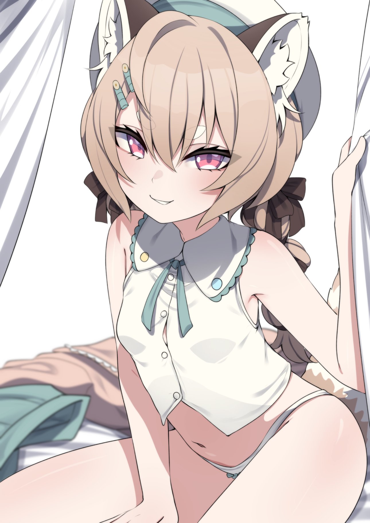 arm support, armpit crease, bare shoulders, bow, bow panties, braid, breasts, brown ribbon, commentary, female, green ribbons, grin, hair between eyes, hair ribbon, highres, jacket, komachi panko, light brown hair, looking at viewer, low twin braids, narrowed eyes, navel, neck ribbon, panties, phase connect, pink eyes, red panda ears, red panda girl, red panda tail, ribbon, sitting, skirt, sleeveless, small breasts, smile, solo, stomach, symbol-only commentary, thick eyebrows, thighs, twin braids, underwear, unworn jacket, unworn skirt, valefal coneri, vest, virtual youtuber, white panties, white ves