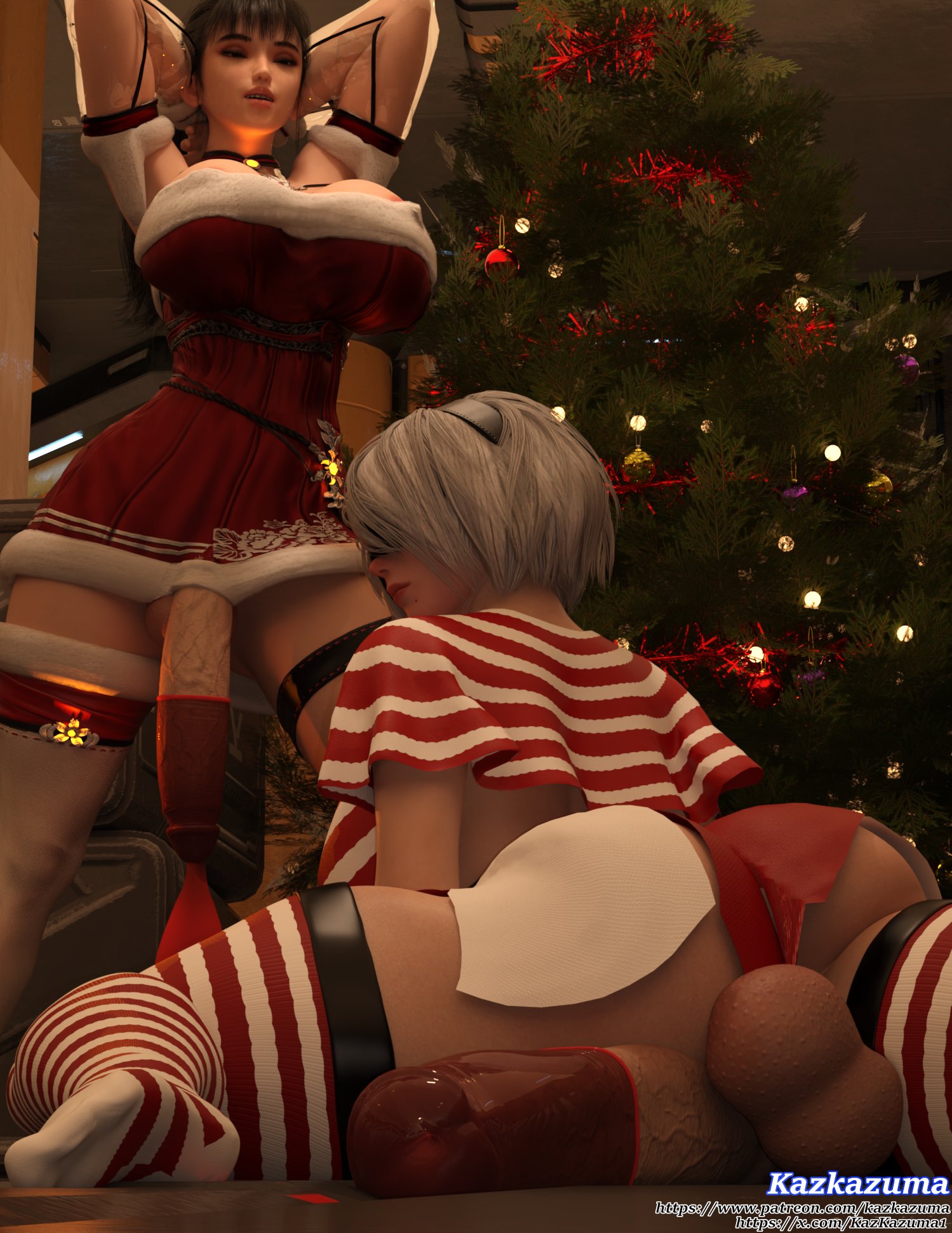 2futas, 3d, ass, backsack, balls, big ass, big breasts, big penis, breasts, christmas, christmas outfit, christmas tree, clothing, cock-tail, condom, condom on penis, eve (stellar blade), futa only, futa with futa, futanari, huge breasts, huge cock, intersex, kazkazuma, light skin, light-skinned futa, low-angle view, nier, nier: automata, penis, penis out, stellar blade, testicles, yorha 2b