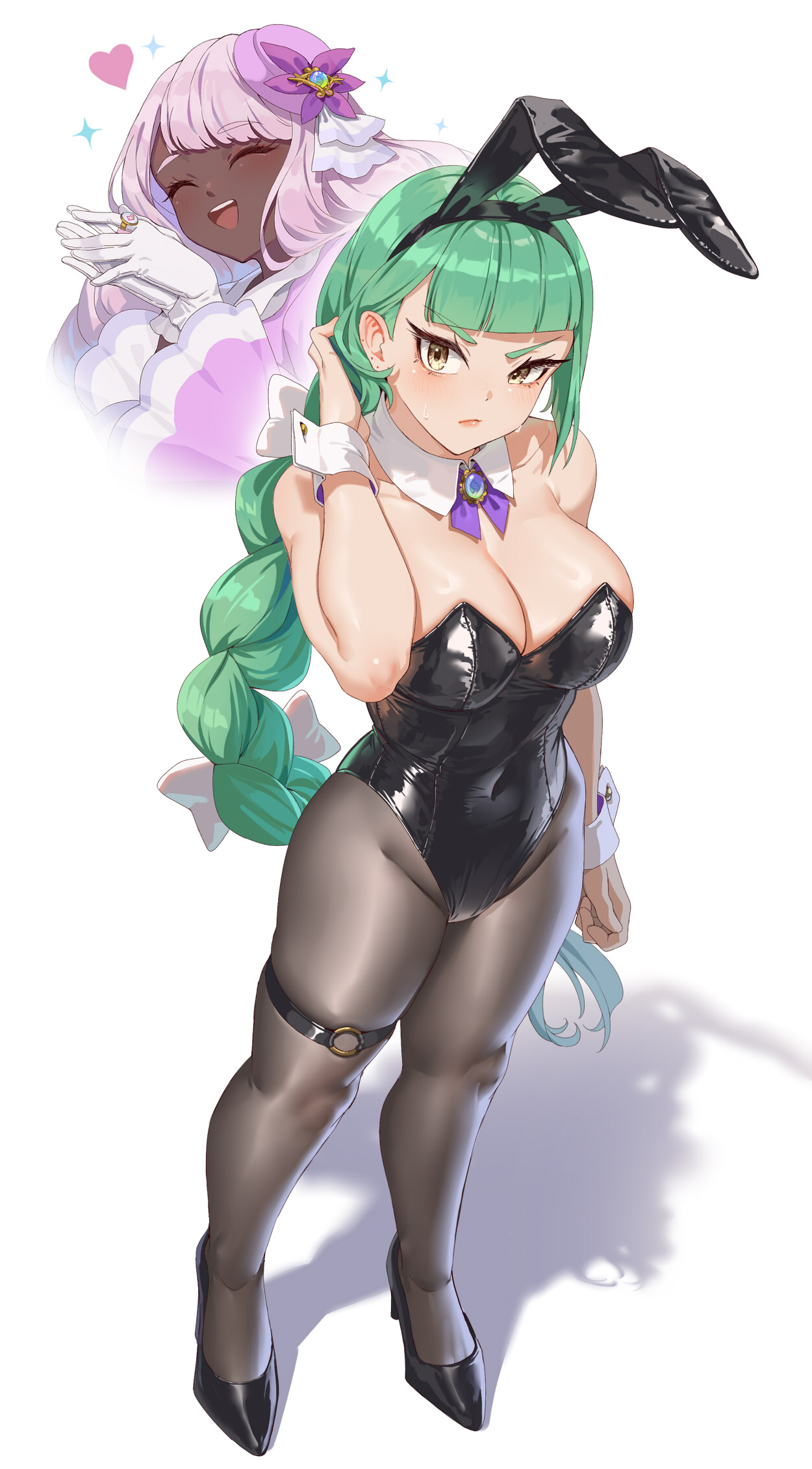 2girls, animal ears, black hairband, black leotard, black pantyhose, blunt bangs, blush, bow, braid, braided ponytail, breasts, brown hair, bunny ears, bunnysuit, cleavage, closed eyes, closed mouth, commentary, dark skin, dark-skinned female, detached collar, double bun, dress, english commentary, fake animal ears, fangxiang cuoluan, female, female only, gloves, green hair, hair bun, hairband, harujio (pokemon), heart, high heels, highres, jacinthe (pokemon), large breasts, lebanne (pokemon), leotard, long braid, long hair, long sleeves, master and servant, mega stone, mole, mole on breast, multiple girls, nintendo, open mouth, pantyhose, pokemon, pokemon legends: z-a, purple bow, purple dress, purple hair, rabbit ears, smile, teeth, thigh strap, tsurime, upper teeth only, very dark skin, white gloves, white wrist cuffs, wrist cuffs, yukari (pokemon)