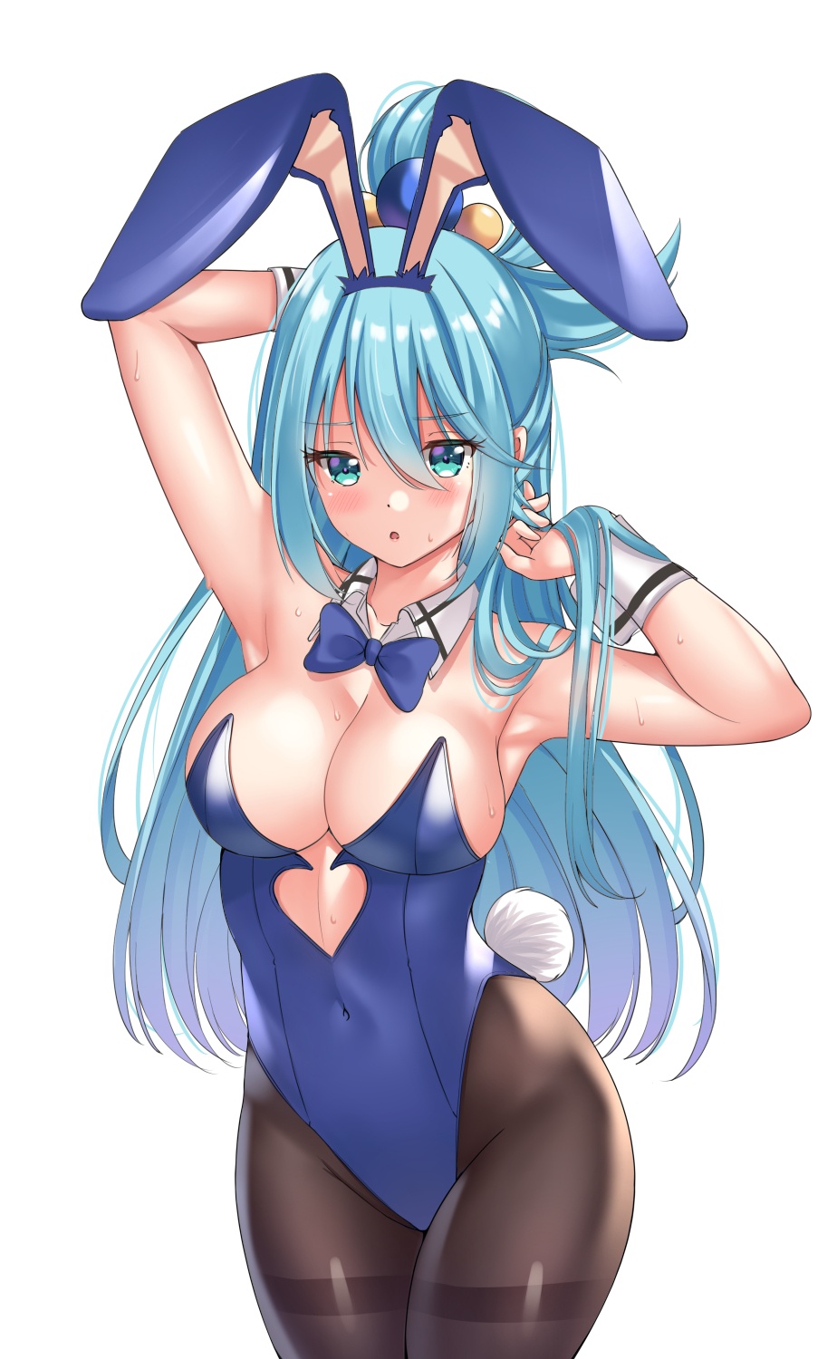 :o, 1girls, 2d, 2d (artwork), 2d artwork, adult, adult female, aqua (konosuba), arm behind head, armpit, armpit crease, armpit focus, armpit peek, armpit sweat, armpits, bare armpits, bare arms, bare chest, bare hands, bare shoulders, bare skin, belly, belly button, bewitching thighs, big breasts, blackheartxiii, blue bowtie, blue bunny ears, blue bunnysuit, blue eyebrows, blue eyes, blue hair, blue hairband, blue leotard, blue topwear, blue-eyed female, blue-haired female, blush, blush face, blushing at viewer, blushing female, blushing lines, bowtie, breasts, brown legwear, brown pantyhose, brown stockings, brown tights, bunny ears, bunny tail, bunnygirl, bunnygirl outfit, bunnysuit, busty, busty female, busty girl, child bearing hips, cleavage, collar, collarbone, curvaceous, curvaceous body, curvaceous female, curvaceous figure, curvaceous hips, curvaceous thighs, curvy, curvy body, curvy female, curvy figure, curvy hips, curvy thighs, digital, digital art, digital drawing, digital drawing (artwork), digital media, digital media (artwork), elbows, exposed armpits, exposed arms, exposed chest, exposed shoulders, exposed skin, eyebrows visible through hair, female, female focus, female only, fertile hips, groin, hair between eyes, hair ornament, hair ornaments, hairless armpits, hand behind head, high resolution, highres, hourglass figure, inguinal crease, inguinal ligament, kono subarashii sekai ni shukufuku wo!, large boobs, large breasts, lean figure, legs closed, legs together, legwear, leotard, linea alba, long hair, looking at viewer, mature, mature female, midriff, narrow waist, navel, open mouth, pantyhose, parted lips, posing, posing for the viewer, presenting armpit, shaved armpits, shoulders, simple background, slender body, slender waist, slim waist, solo, standing, stockings, stomach, sweat, sweat on body, sweat on breasts, sweat on face, sweatdrop, sweating, sweaty, sweaty armpit, sweaty armpits, sweaty body, sweaty breasts, sweaty chest, sweaty face, sweaty female, thick thighs, thighs, thighs together, tights, topwear, upper body, white background, white collar, white wrist cuffs, wide hips, wrist cuffs