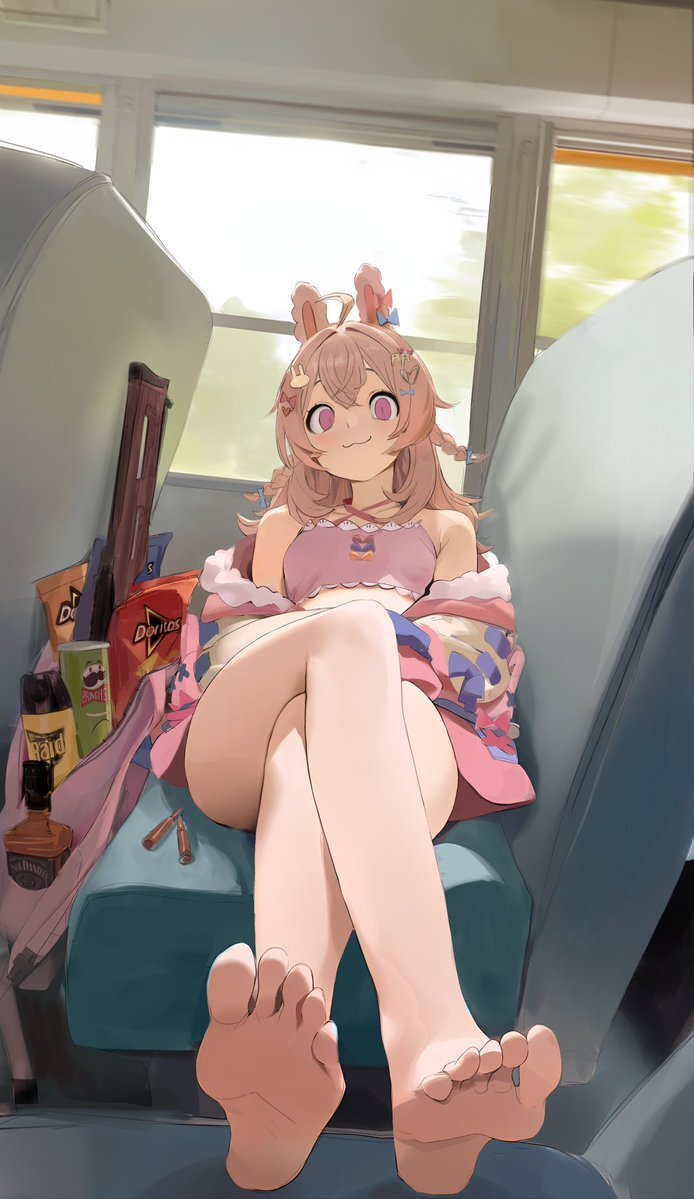 :3, 1girl, bare legs, bare shoulders, feet, feet focus, female, legs crossed, petite female, phase connect, pipkin pippa, rabbit ears, rabbit girl, small breasts, smewed, solo female, toes, virtual youtuber, vtuber, wide eyed